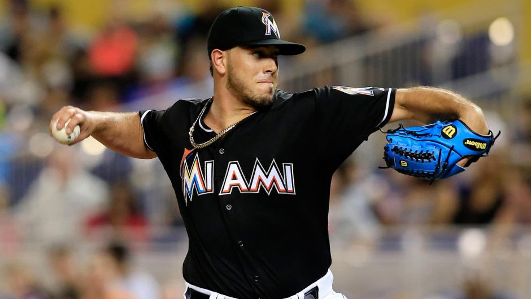 Sep 12, 2015; Miami, FL, USA; Miami Marlins starting pitcher Jose Fernandez throws the ball in the second inning of a game against the Washington Nationals at Marlins Park. Mandatory Credit: Robert Mayer-USA TODAY Sports