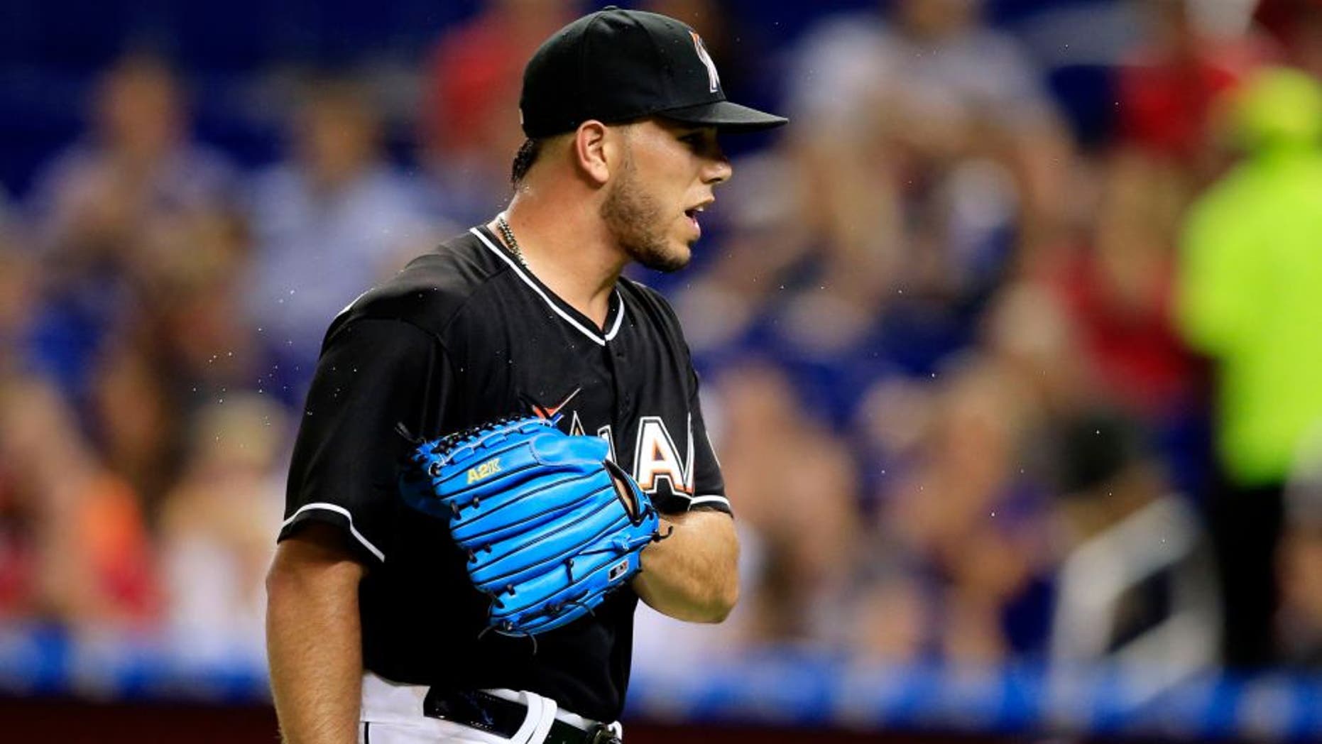 Sep 12, 2015; Miami, FL, USA; Miami Marlins starting pitcher Jose Fernandez reacts in the first inning of a game at Marlins Park. Mandatory Credit: Robert Mayer-USA TODAY Sports