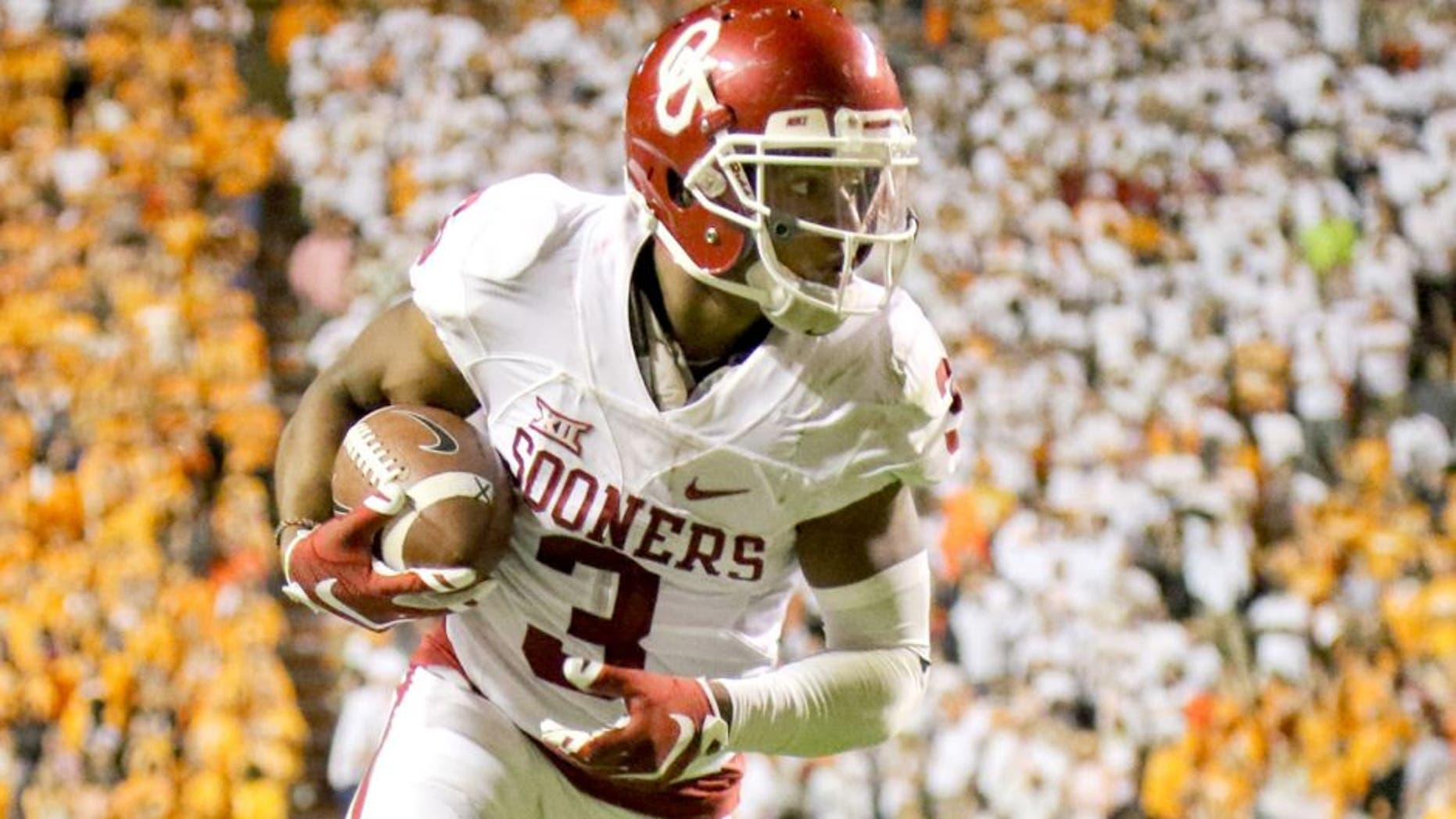 Sep 12, 2015; Knoxville, TN, USA; Oklahoma Sooners wide receiver Sterling Shepard (3) scores the winning touchdown in double overtime against the Tennessee Volunteers at Neyland Stadium. Oklahoma won in double overtime 31-24. Mandatory Credit: Randy Sartin-USA TODAY Sports