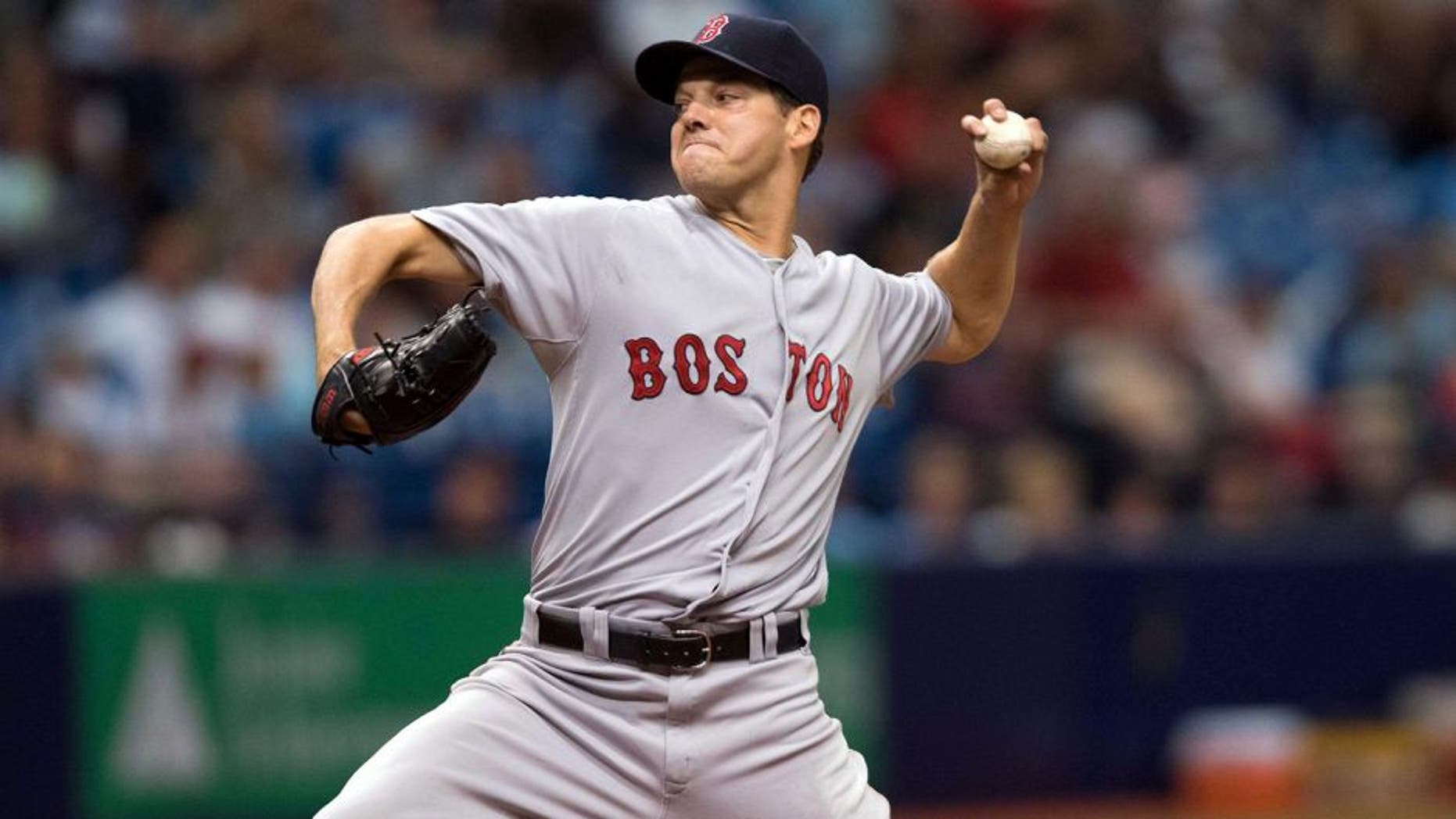 Sep 13, 2015; St. Petersburg, FL, USA; Boston Red Sox starting pitcher Rich Hill (62) delivers a pitch in the second inning against the Tampa Bay Rays at Tropicana Field. Mandatory Credit: Jeff Griffith-USA TODAY Sports