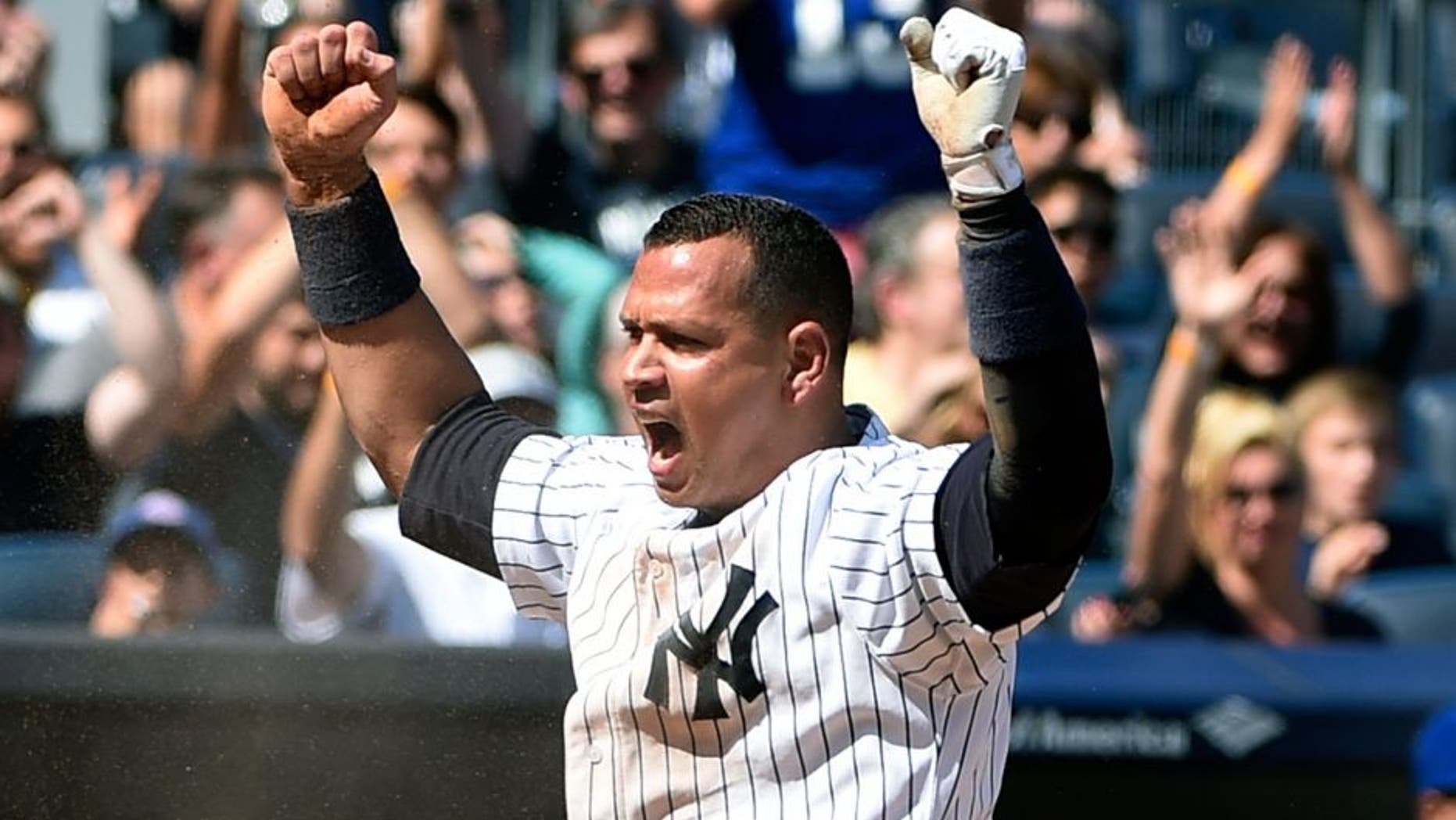 New York Yankees' Alex Rodriguez celebrates after scoring on Didi Gregorius' sacrifice fly in the second inning of a baseball game against the Toronto Blue Jays at Yankee Stadium, Sunday, Sept. 13, 2015, in New York. (AP Photo/Kathy Kmonicek)
