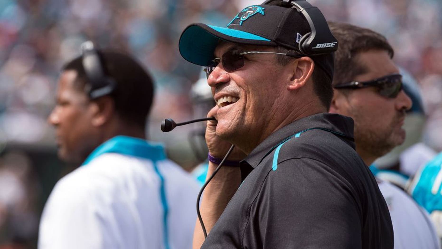 Sep 13, 2015; Jacksonville, FL, USA; Carolina Panthers head coach Ron Rivera reacts to a call during the second half against the Jacksonville Jaguars at EverBank Field. The Panthers defeat the Jaguars 20-9. Mandatory Credit: Jerome Miron-USA TODAY Sports