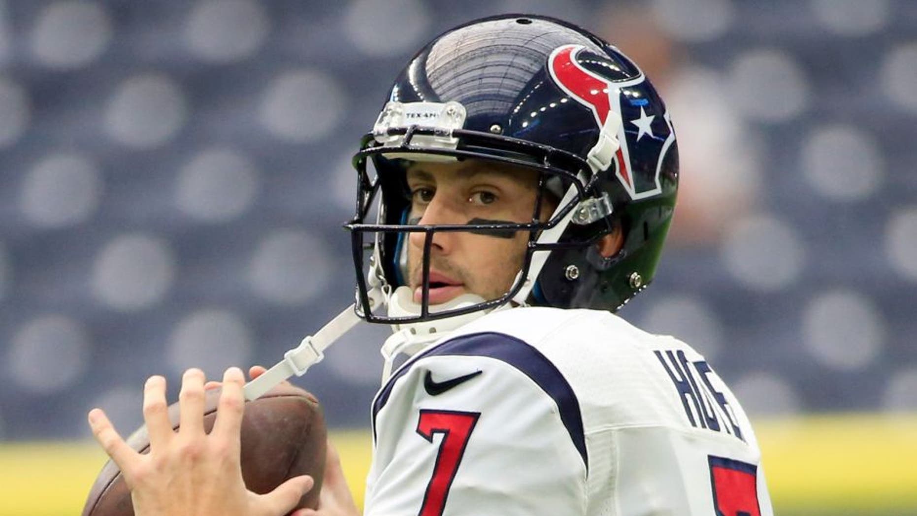 Sep 13, 2015; Houston, TX, USA; Houston Texans quarterback Brian Hoyer (7) warms up before the game against the Kansas City Chiefs at NRG Stadium. Mandatory Credit: Kevin Jairaj-USA TODAY Sports