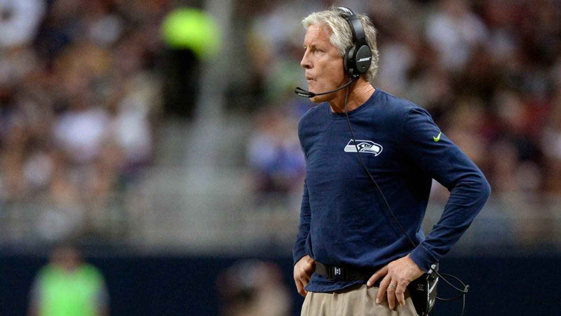 Sep 13, 2015; St. Louis, MO, USA; Seattle Seahawks head coach Pete Carroll looks on as his team plays the St. Louis Rams during the first half at the Edward Jones Dome. Mandatory Credit: Jeff Curry-USA TODAY Sports