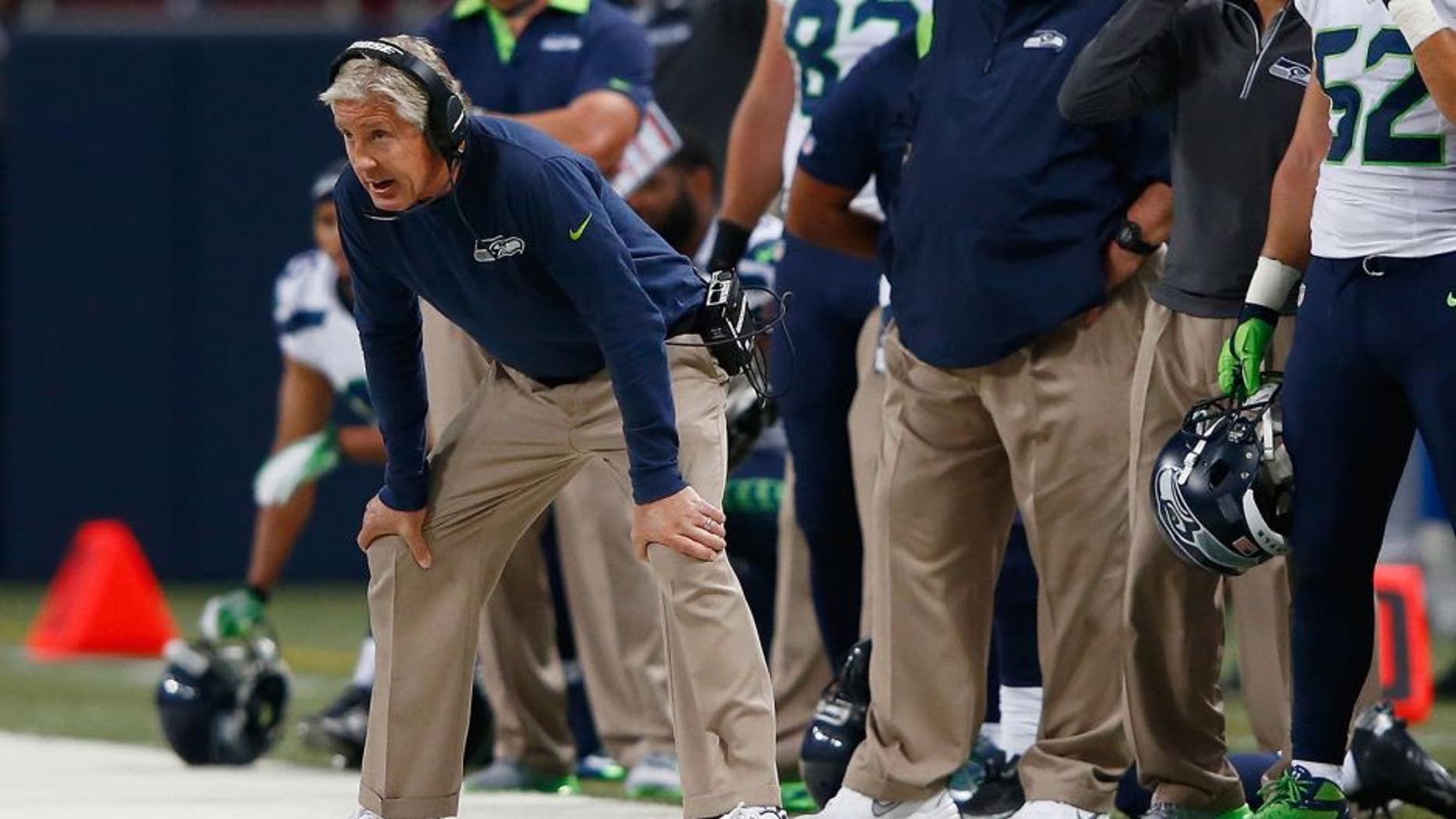 ST. LOUIS, MO - SEPTEMBER 13: Head Coach Pete Carroll of the Seattle Seahawks looks on during the first half against the St. Louis Rams at the Edward Jones Dome on September 13, 2015 in St. Louis, Missouri. (Photo by Jamie Squire/Getty Images)