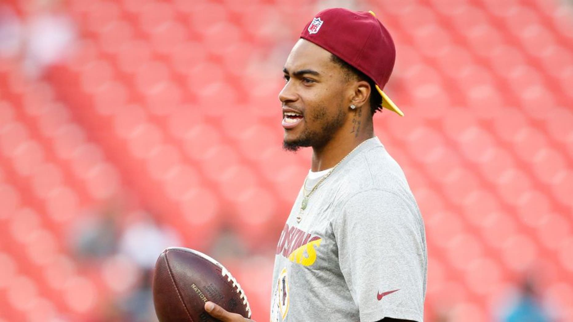 Sep 3, 2015; Landover, MD, USA; Washington Redskins wide receiver DeSean Jackson (11) looks on prior to the game against the Jacksonville Jaguars at FedEx Field. Mandatory Credit: Amber Searls-USA TODAY Sports