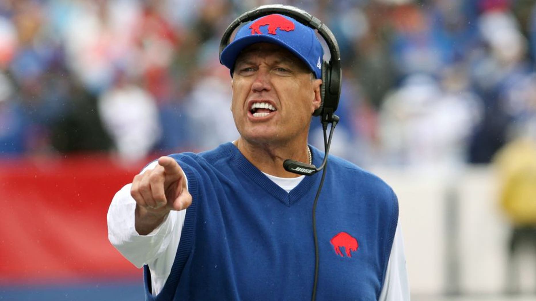 Sep 13, 2015; Orchard Park, NY, USA; Buffalo Bills head coach Rex Ryan yells to players on the bench during the second half against the Indianapolis Colts at Ralph Wilson Stadium. Bills beat the Colts 27 to 14. Mandatory Credit: Timothy T. Ludwig-USA TODAY Sports