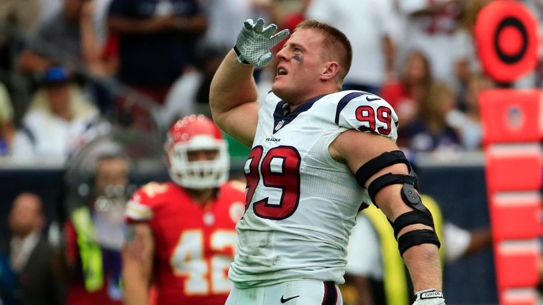 Sep 13, 2015; Houston, TX, USA; Houston Texans defensive end J.J. Watt (99) reacts after making a sack during the first half against the Kansas City Chiefs at NRG Stadium. Mandatory Credit: Kevin Jairaj-USA TODAY Sports
