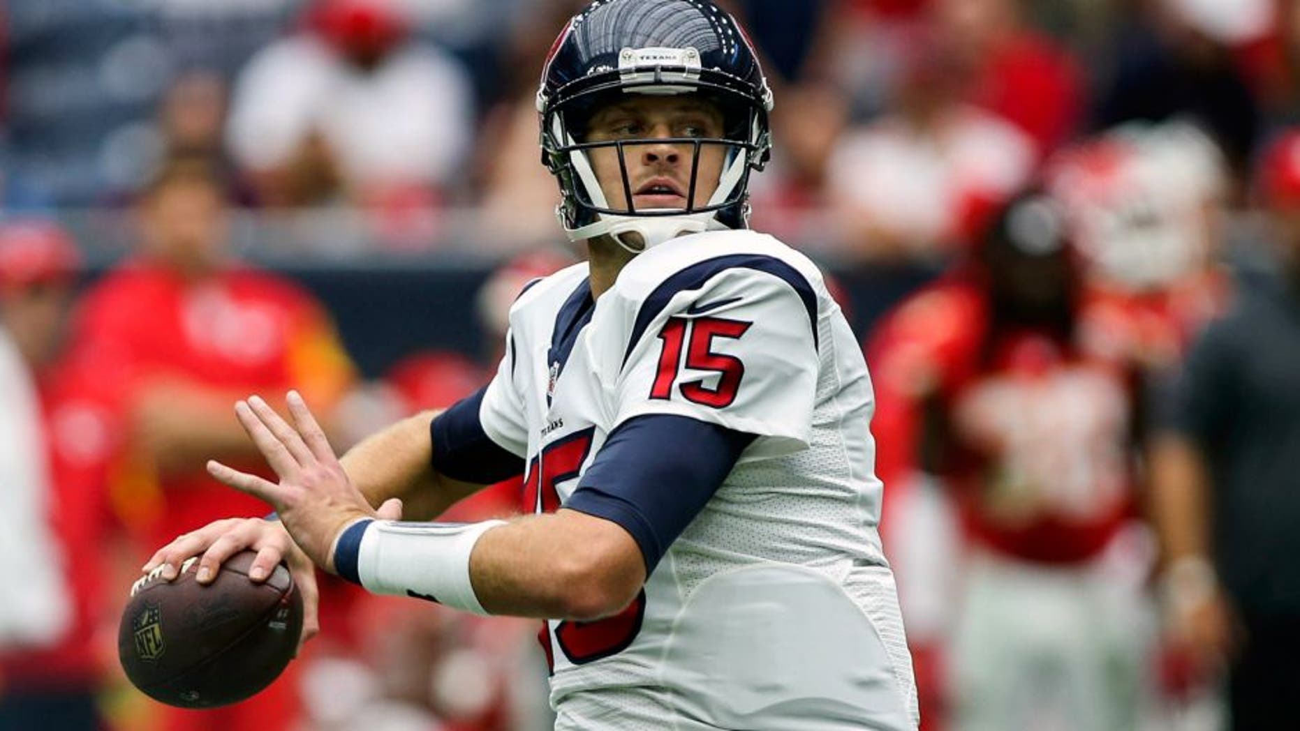 Sep 13, 2015; Houston, TX, USA; Houston Texans quarterback Ryan Mallett (15) attempts a pass during the fourth quarter against the Kansas City Chiefs at NRG Stadium. The Chiefs defeated the Texans 27-20. Mandatory Credit: Troy Taormina-USA TODAY Sports