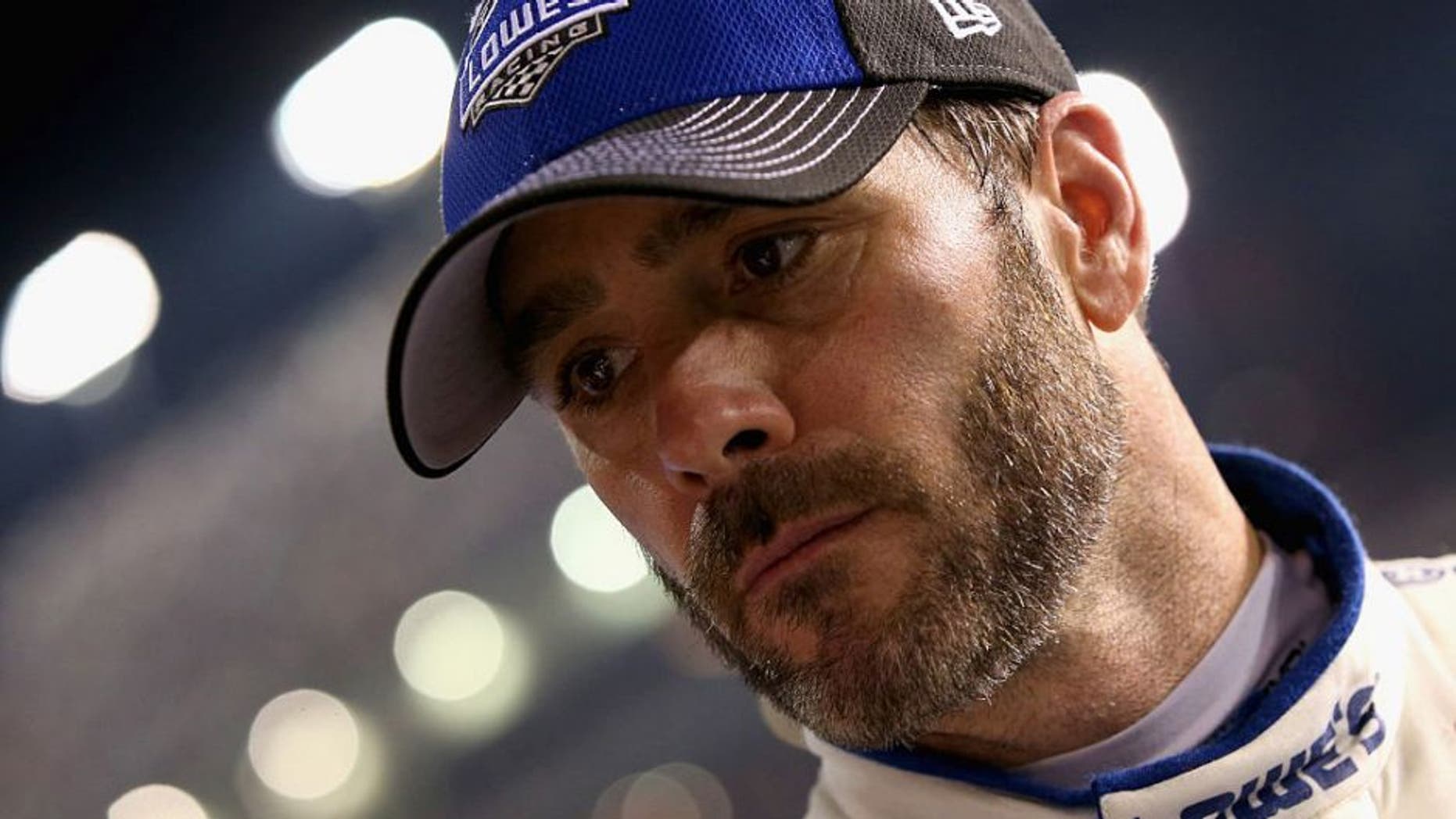 RICHMOND, VA - SEPTEMBER 10: Jimmie Johnson, driver of the #48 Lowe's Pro Services Chevrolet, reacts after the NASCAR Sprint Cup Series Federated Auto Parts 400 at Richmond International Raceway on September 10, 2016 in Richmond, Virginia. (Photo by Sean Gardner/Getty Images)