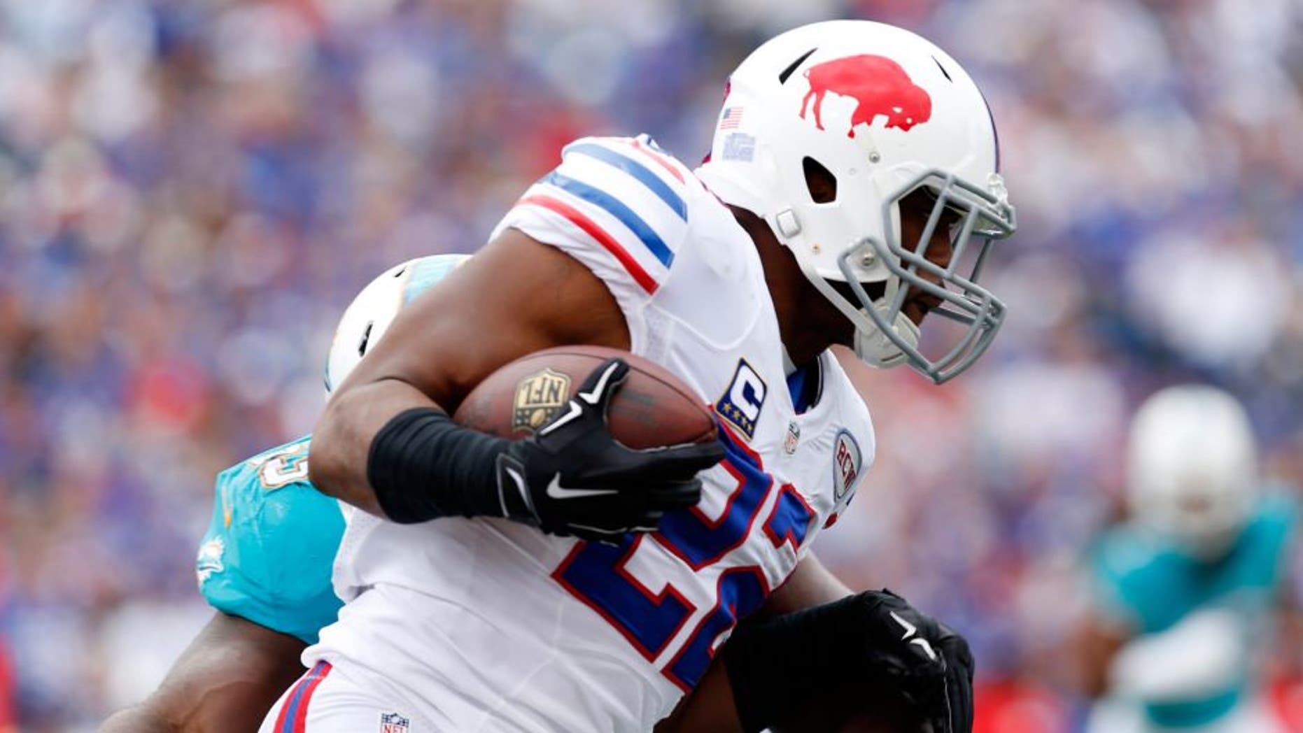 Sep 14, 2014; Orchard Park, NY, USA; Buffalo Bills running back Fred Jackson (22) runs after a catch during the first quarter against the Miami Dolphins at Ralph Wilson Stadium. Mandatory Credit: Kevin Hoffman-USA TODAY Sports