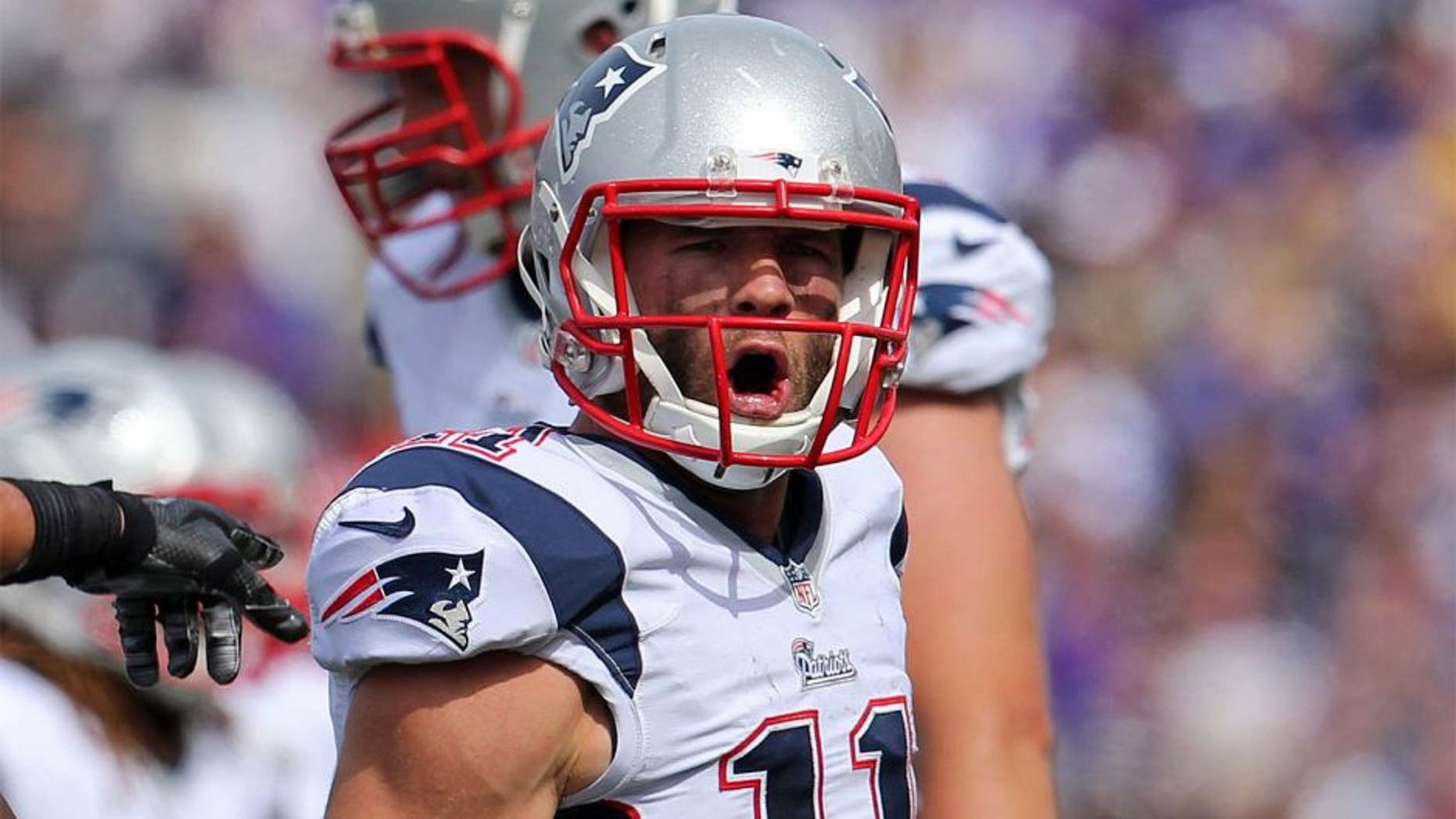 Sep 14, 2014; Minneapolis, MN, USA; New England Patriots wide receiver Julian Edelman (11) argues for a call during the third quarter against the Minnesota Vikings at TCF Bank Stadium. The Patriots defeated the Vikings 30-7. Mandatory Credit: Brace Hemmelgarn-USA TODAY Sports
