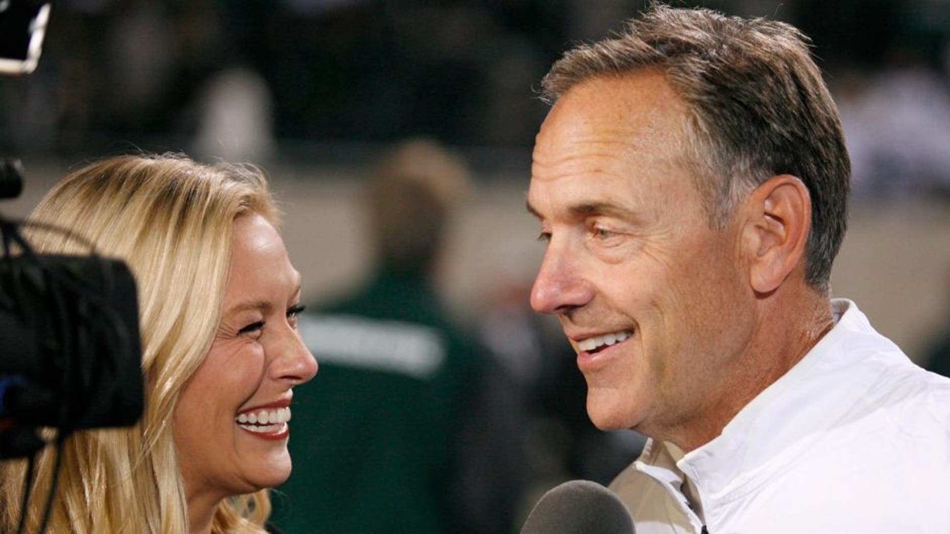 Sep 12, 2015; East Lansing, MI, USA; Michigan State Spartans head coach Mark Dantonio smiles during an interview after the game against the Oregon Ducks at Spartan Stadium. Spartans beat the Ducks 31-28. Mandatory Credit: Raj Mehta-USA TODAY Sports