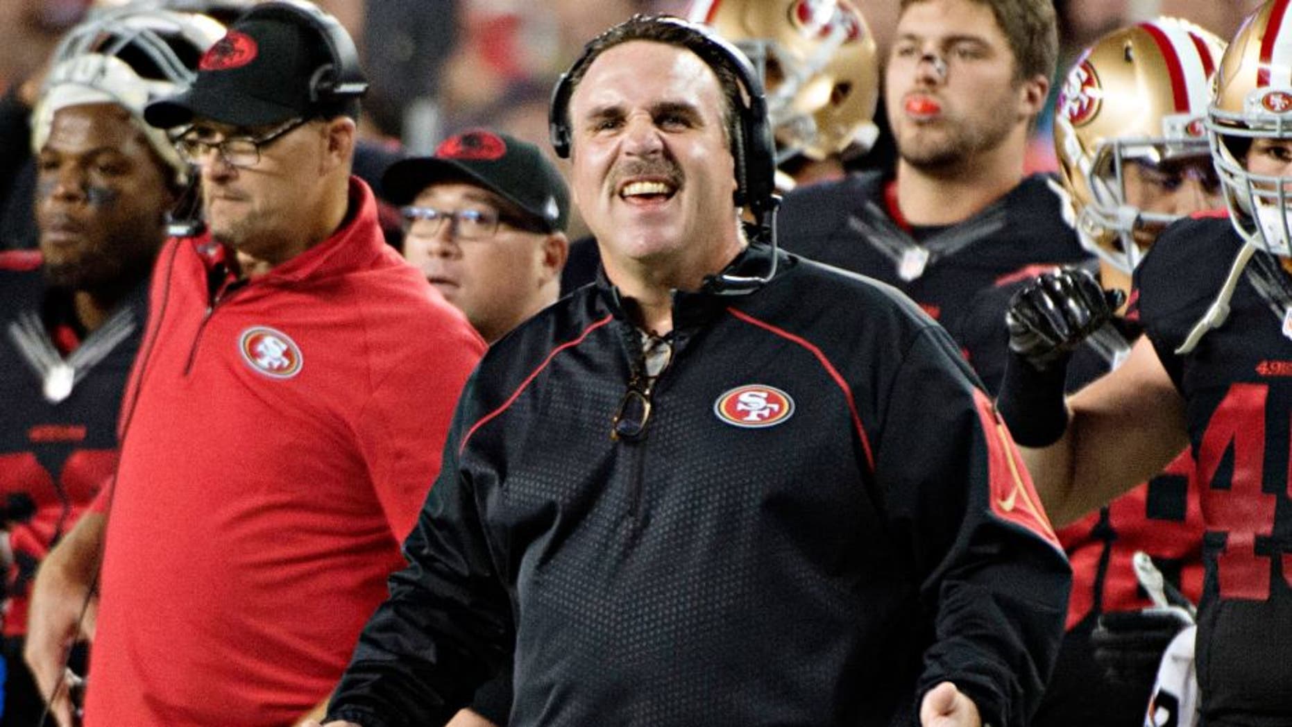 September 14, 2015; Santa Clara, CA, USA; San Francisco 49ers head coach Jim Tomsula reacts against the Minnesota Vikings during the first quarter at Levi's Stadium. Mandatory Credit: Kyle Terada-USA TODAY Sports