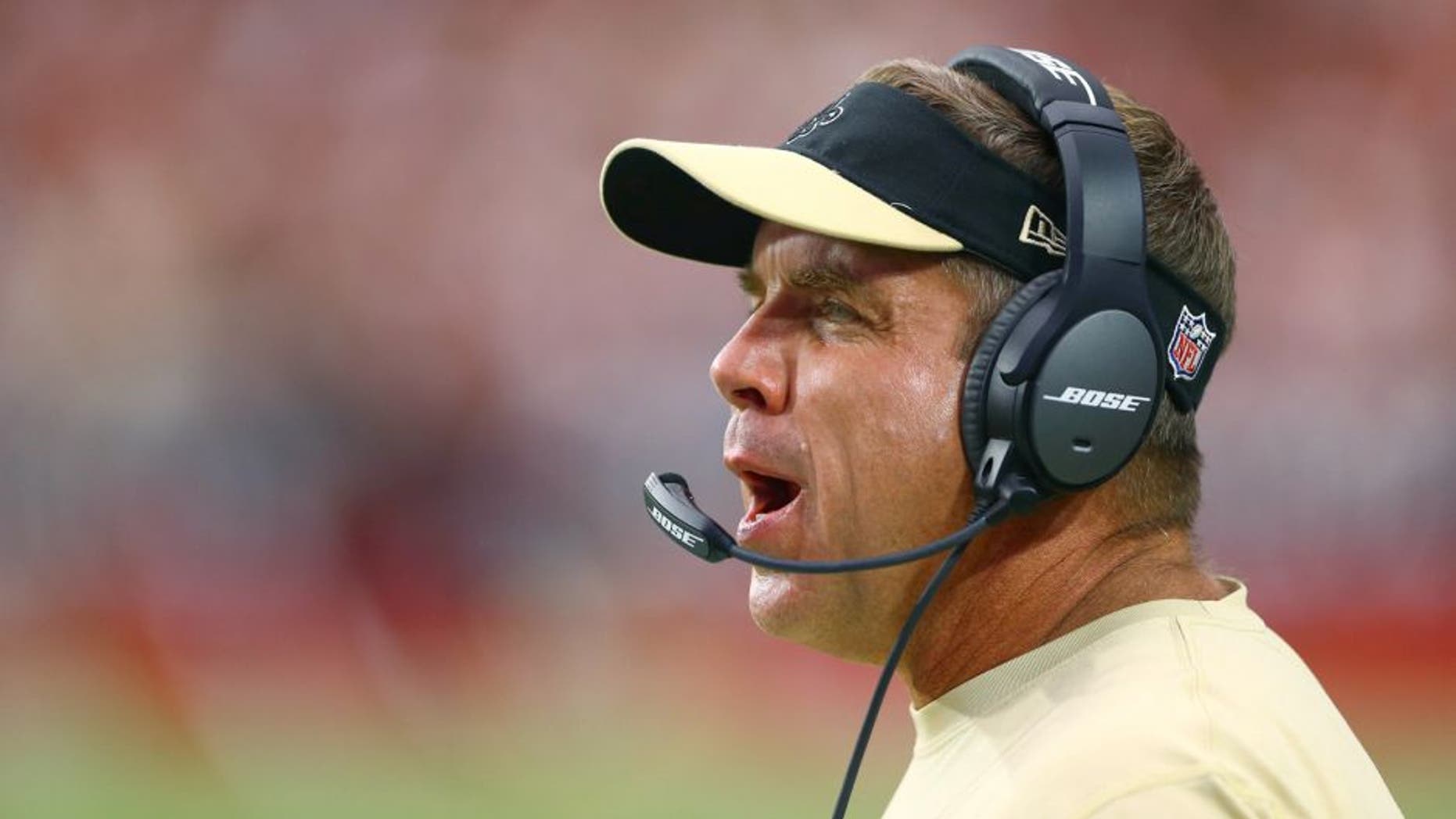 Sep 13, 2015; Glendale, AZ, USA; New Orleans Saints head coach Sean Payton reacts in the fourth quarter against the Arizona Cardinals at University of Phoenix Stadium. The Cardinals defeated the Saints 31-19. Mandatory Credit: Mark J. Rebilas-USA TODAY Sports