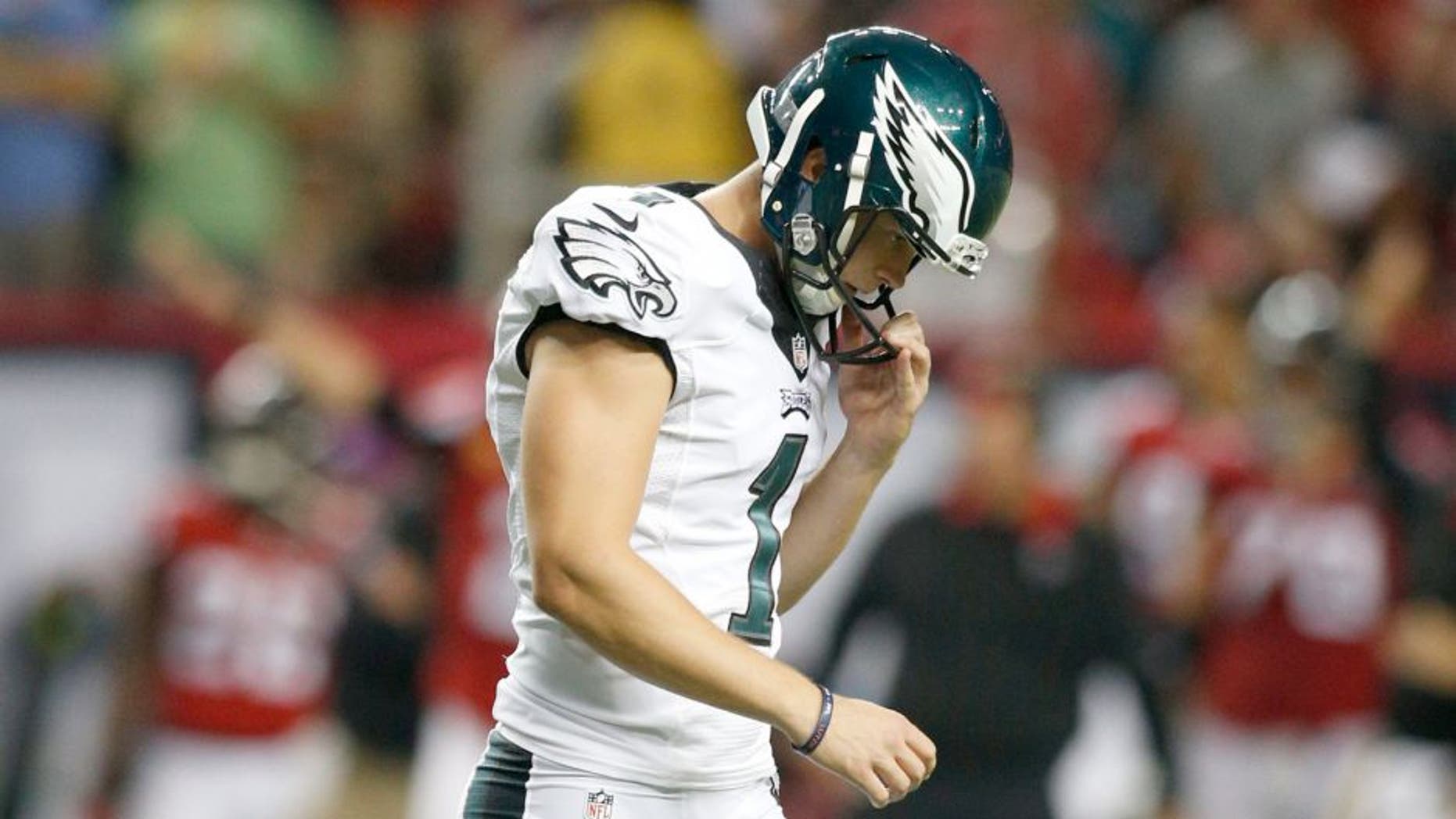 Sep 14, 2015; Atlanta, GA, USA; Philadelphia Eagles kicker Cody Parkey (1) reacts after missing a 44 year field goal against the Atlanta Falcons in the fourth quarter at the Georgia Dome. Mandatory Credit: Brett Davis-USA TODAY Sports