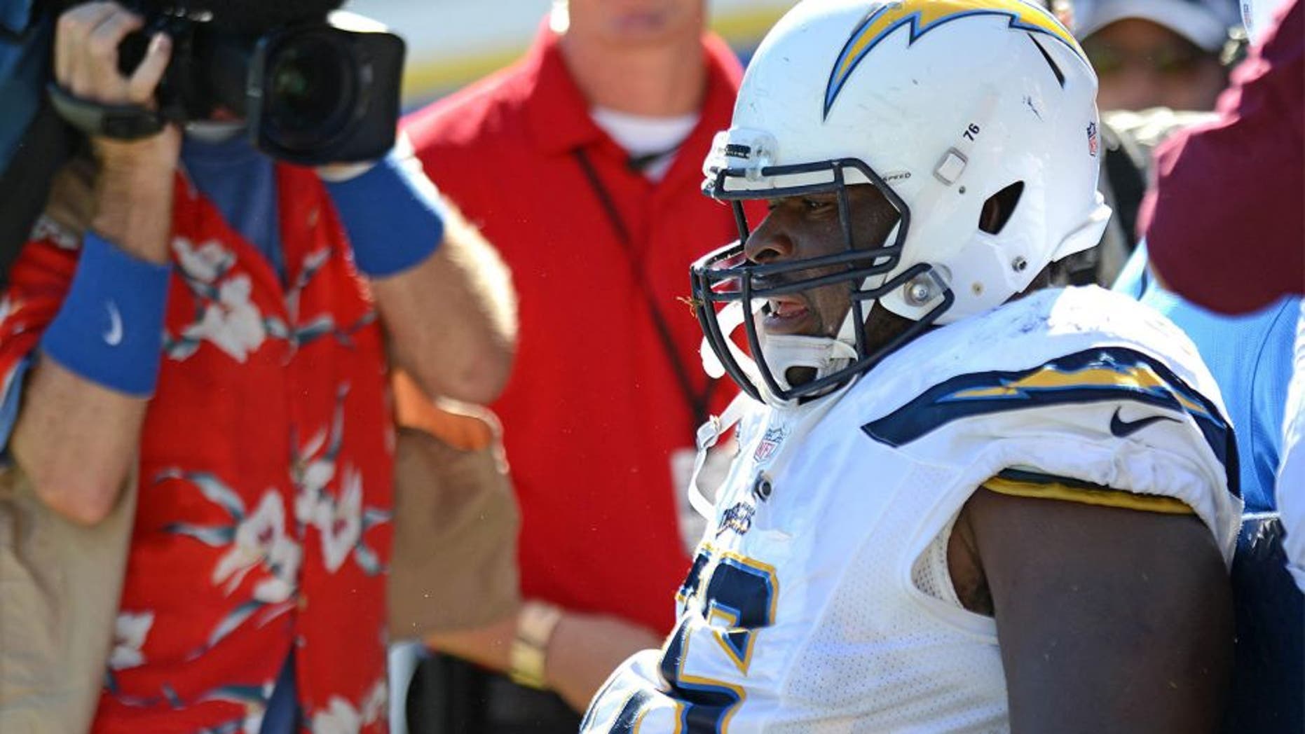 Sep 13, 2015; San Diego, CA, USA; San Diego Chargers tackle D.J. Fluker (76) is carted off the field during the third quarter against the Detroit Lions at Qualcomm Stadium. Mandatory Credit: Jake Roth-USA TODAY Sports