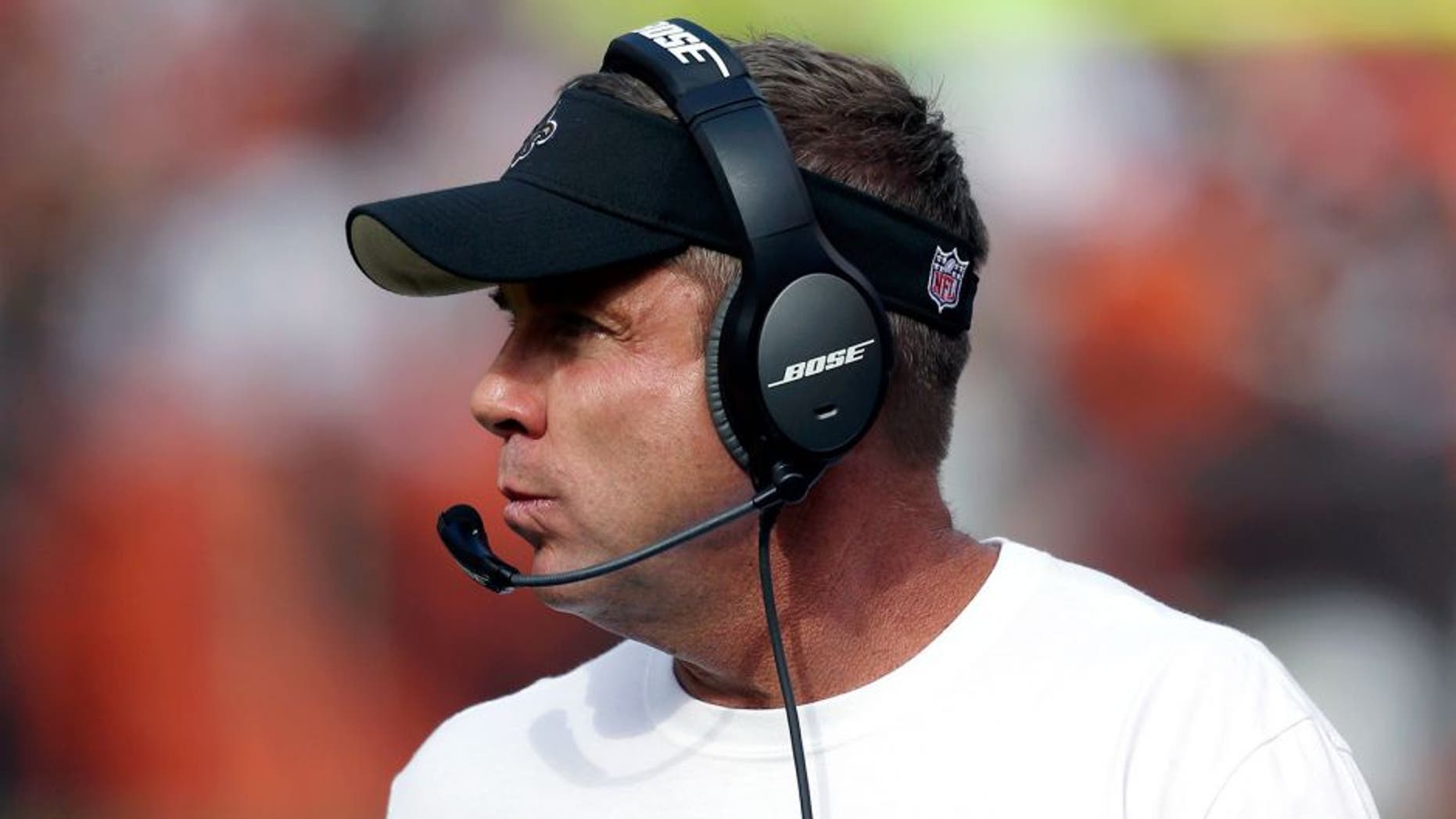 Sep 14, 2014; Cleveland, OH, USA; New Orleans Saints head coach Sean Payton against the Cleveland Browns during the fourth quarter at FirstEnergy Stadium. The Browns won 26-24. Mandatory Credit: Ron Schwane-USA TODAY Sports