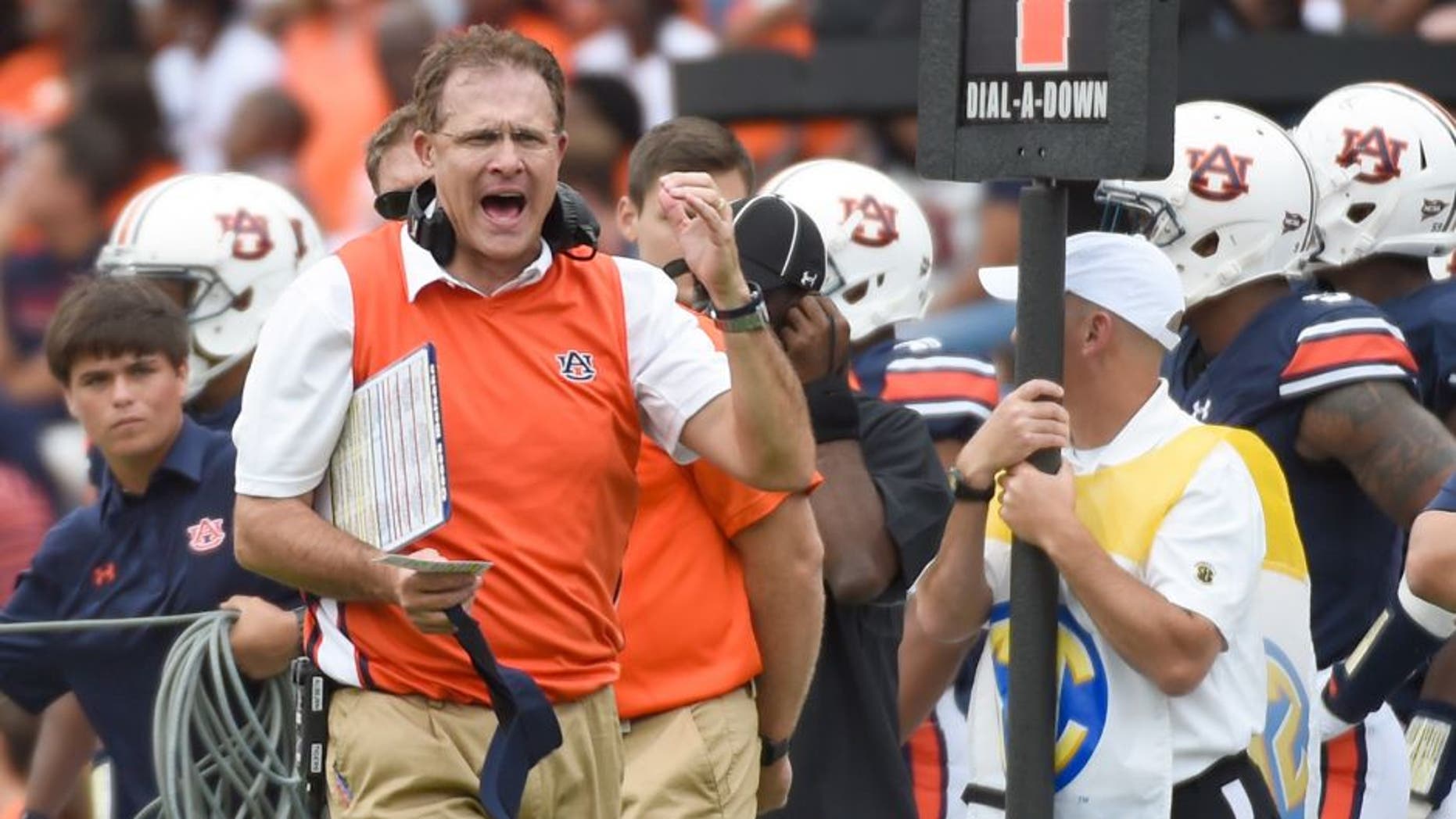 Sep 12, 2015; Auburn, AL, USA; Auburn Tigers head coach Gus Malzahn reacts during the second quarter against the Jacksonville State Gamecocks at Jordan Hare Stadium. Mandatory Credit: Shanna Lockwood-USA TODAY Sports