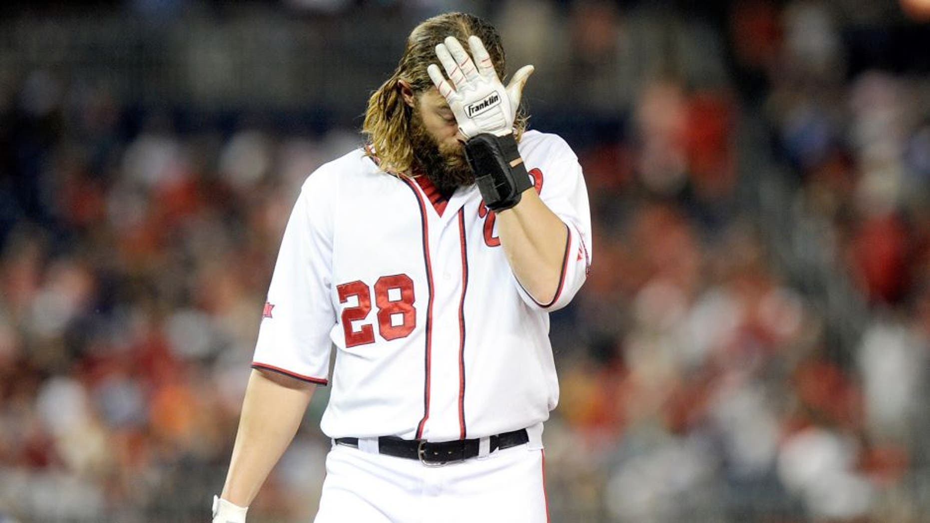 WASHINGTON, DC - AUGUST 27: Jayson Werth #28 of the Washington Nationals reacts after being tagged out against the San Diego Padres at Nationals Park on August 27, 2015 in Washington, DC. (Photo by G Fiume/Getty Images)