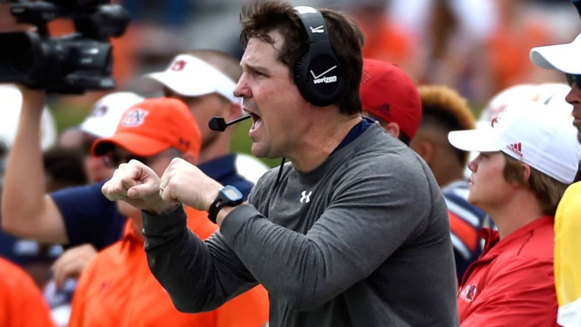 Sep 12, 2015; Auburn, AL, USA; Auburn Tigers defensive coordinator Will Muschamp reacts during the third quarter against the Jacksonville State Gamecocks at Jordan Hare Stadium. Mandatory Credit: Shanna Lockwood-USA TODAY Sports