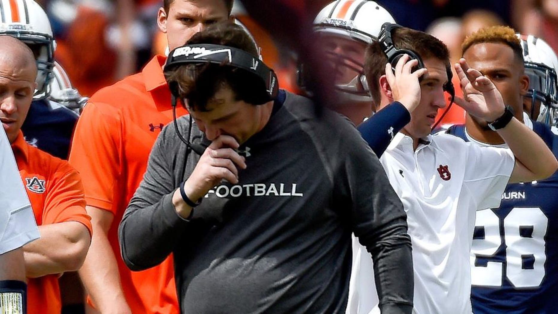 Sep 12, 2015; Auburn, AL, USA; Auburn Tigers defensive coordinator Will Muschamp reacts during overtime at Jordan Hare Stadium. Auburn won 27-20. Mandatory Credit: Shanna Lockwood-USA TODAY Sports