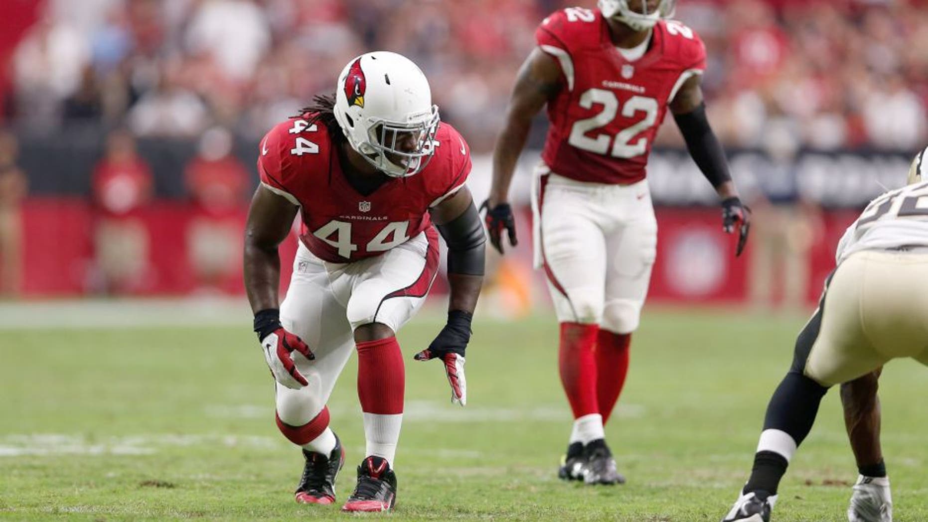 GLENDALE, AZ - SEPTEMBER 13: Outside linebacker Markus Golden #44 of the Arizona Cardinals in action during the NFL game against the New Orleans Saints at the University of Phoenix Stadium on September 13, 2015 in Glendale, Arizona. The Cardinals defeated the Saints 31-19. (Photo by Christian Petersen/Getty Images)