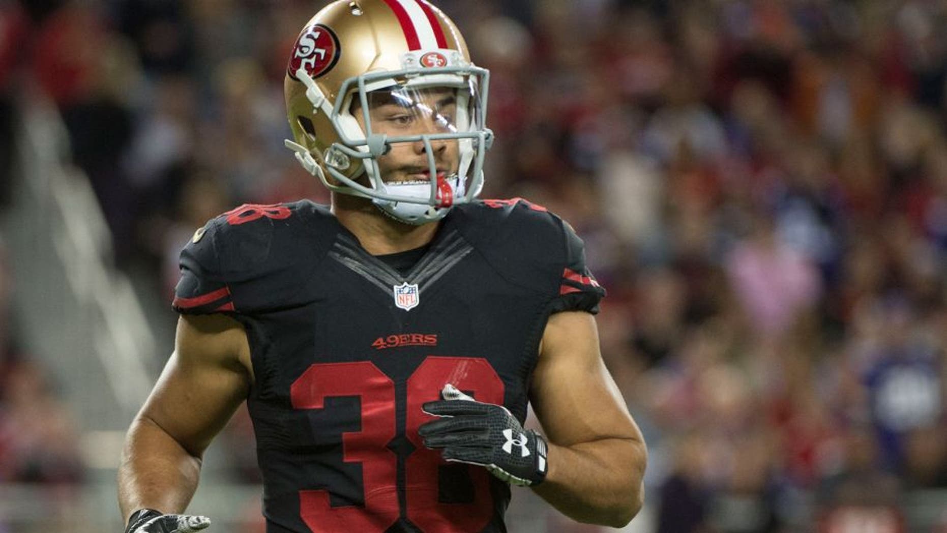 Sep 14, 2015; Santa Clara, CA, USA; San Francisco 49ers running back Jarryd Hayne (38) carries the ball on a punt return against the Minnesota Vikings during the second quarter at Levi's Stadium. Mandatory Credit: Kelley L Cox-USA TODAY Sports