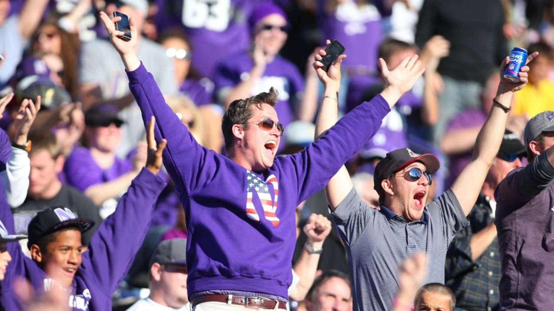 Sep 12, 2015; Evanston, IL, USA; A Northwestern Wildcats fan cheers during the game against the Eastern Illinois Panthers at Ryan Field. Mandatory Credit: Caylor Arnold-USA TODAY Sports