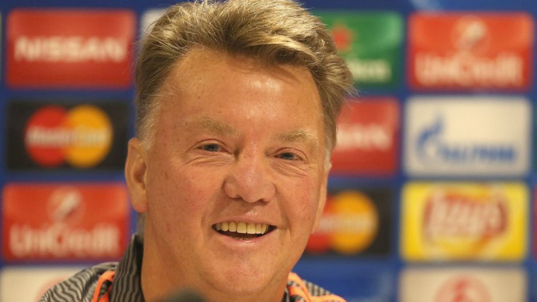 EINDHOVEN, NETHERLANDS - SEPTEMBER 14: Manager Louis van Gaal of Manchester United speaks during a press conference, ahead of their UEFA Champions League match against PSV Eindhoven, on September 14, 2015 in Eindhoven, Netherlands. (Photo by Matthew Peters/Man Utd via Getty Images)
