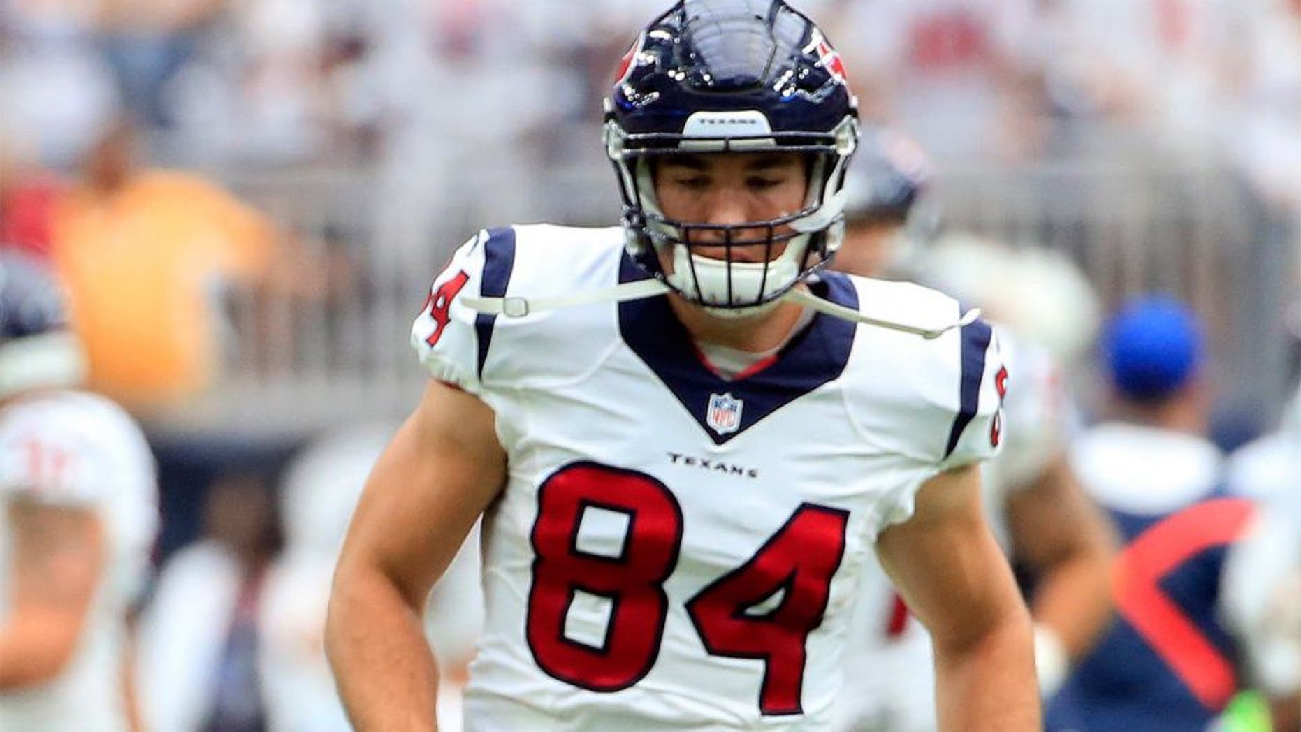 Sep 13, 2015; Houston, TX, USA; Houston Texans tight end Ryan Griffin (84) before the game against the Kansas City Chiefs at NRG Stadium. Mandatory Credit: Kevin Jairaj-USA TODAY Sports