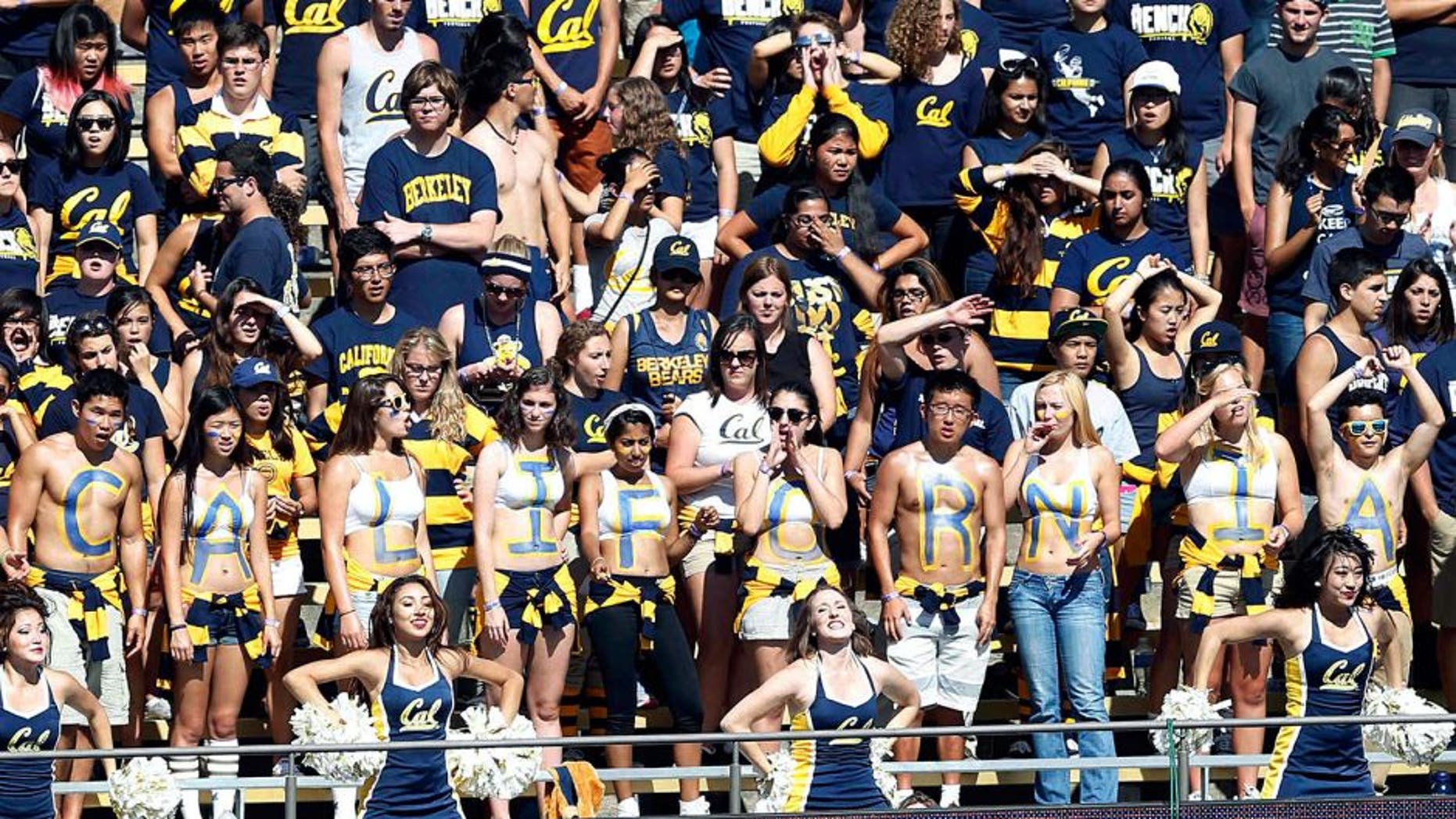 Sep 6, 2014; Berkeley, CA, USA; California Golden Bears fans in the student section during the fourth quarter in a game between the California Golden Bears and the Sacramento State Hornets at Memorial Stadium. California won 55-14. Mandatory Credit: Bob Stanton-USA TODAY Sports