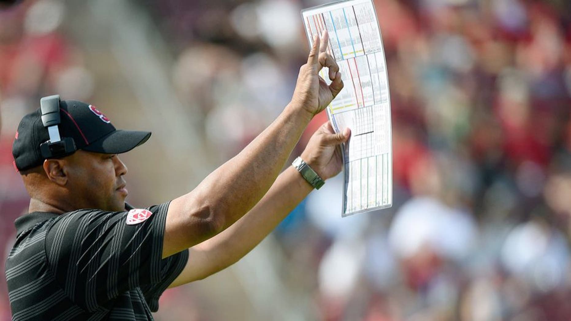 September 13, 2014; Stanford, CA, USA; Stanford Cardinal head coach David Shaw instructs against the Army Black Knights during the third quarter at Stanford Stadium. Stanford defeated Army 35-0. Mandatory Credit: Kyle Terada-USA TODAY Sports