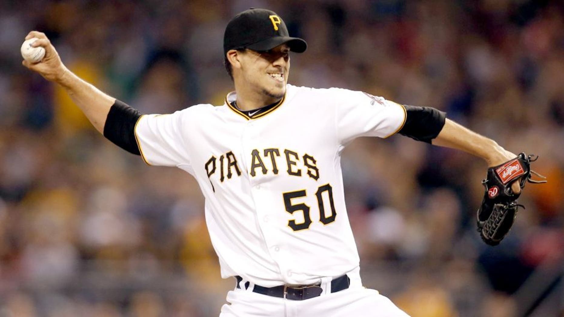 Sep 16, 2014; Pittsburgh, PA, USA; Pittsburgh Pirates starting pitcher Charlie Morton (50) delivers a pitch against the Boston Red Sox during the second inning at PNC Park. Mandatory Credit: Charles LeClaire-USA TODAY Sports