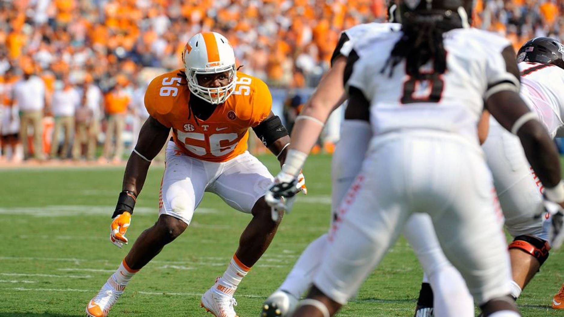 NASHVILLE, TN - SEPTEMBER 05: Curt Maggitt #56 of the Tennessee Volunteers plays against the Bowling Green Falcons at Nissan Stadium on September 5, 2015 in Nashville, Tennessee. (Photo by Frederick Breedon/Getty Images)