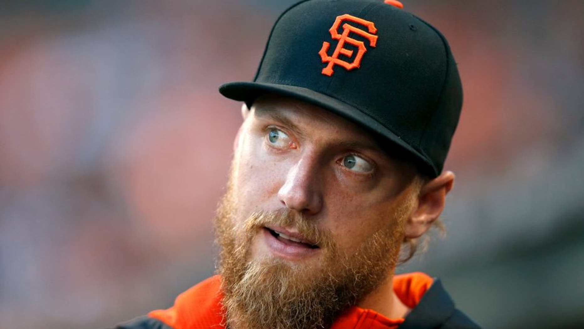 SAN FRANCISCO, CA - AUGUST 28: Hunter Pence #8 of the San Francisco Giants stands in the dugout during their game against the St. Louis Cardinals at AT&T Park on August 28, 2015 in San Francisco, California. (Photo by Ezra Shaw/Getty Images)
