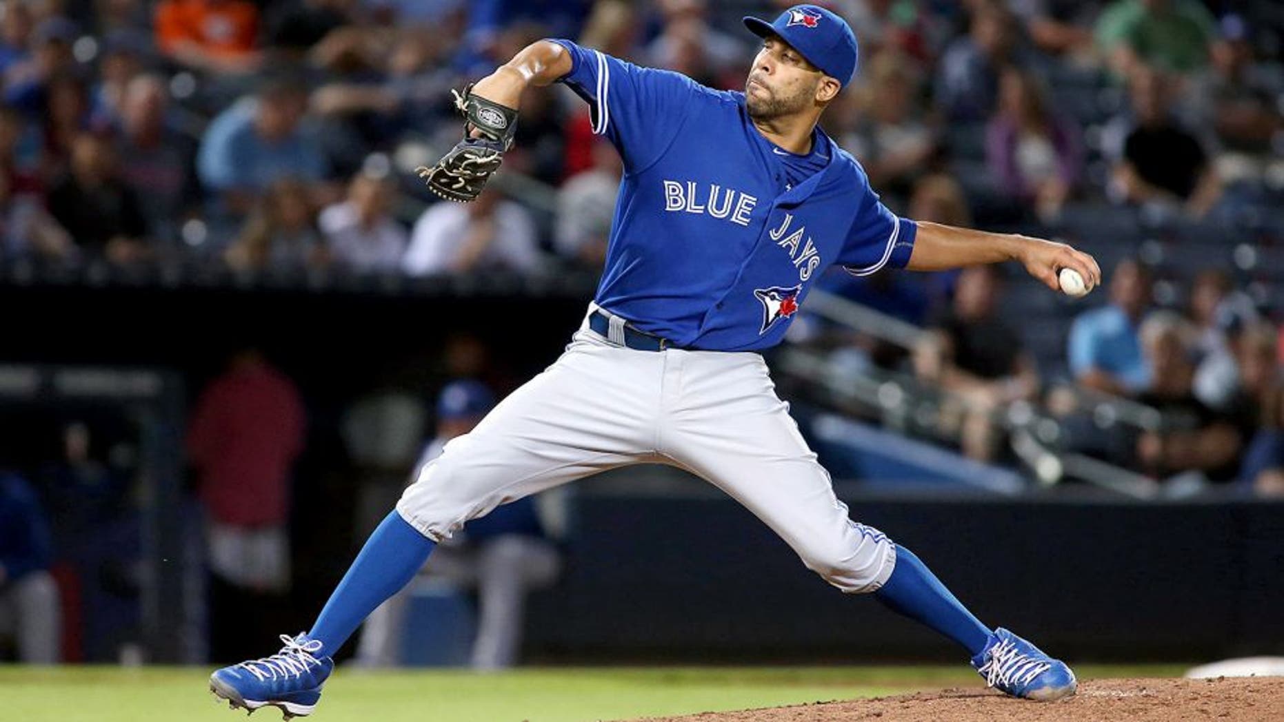 Sep 16, 2015; Atlanta, GA, USA; Toronto Blue Jays starting pitcher David Price (14) delivers a pitch to an Atlanta Braves batter in the third inning of their game at Turner Field. Mandatory Credit: Jason Getz-USA TODAY Sports