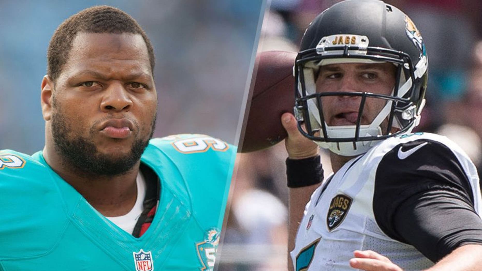 Aug 22, 2015; Charlotte, NC, USA; Miami Dolphins defensive tackle Ndamukong Suh (93) stands on the sidelines during the first quarter against the Carolina Panthers at Bank of America Stadium. Mandatory Credit: Jeremy Brevard-USA TODAY Sports Sep 13, 2015; Jacksonville, FL, USA; Jacksonville Jaguars quarterback Blake Bortles (5) passes against the Carolina Panthers during the second quarter at EverBank Field. Mandatory Credit: Jerome Miron-USA TODAY Sports