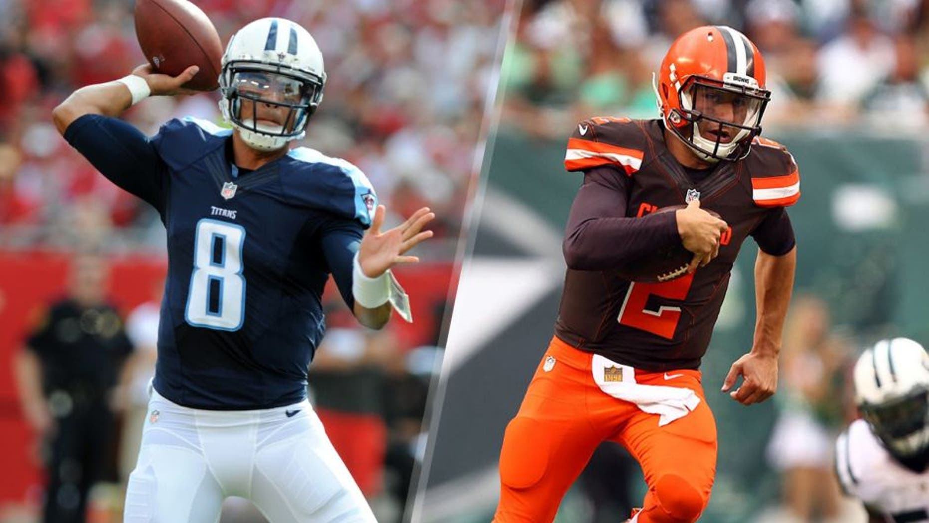 TAMPA, FL - SEPTEMBER 13: Quarterback Marcus Mariota #8 of the Tennessee Titans throws a twelve yard TD against the Tampa Bay Buccaneers in the first quarter at Raymond James Stadium on September 13, 2015 in Tampa, Florida. (Photo by Cliff McBride/Getty Images) Sep 13, 2015; East Rutherford, NJ, USA; Cleveland Browns quarterback Johnny Manziel (2) runs with the ball against the New York Jets during the second half at MetLife Stadium. Mandatory Credit: Danny Wild-USA TODAY Sports