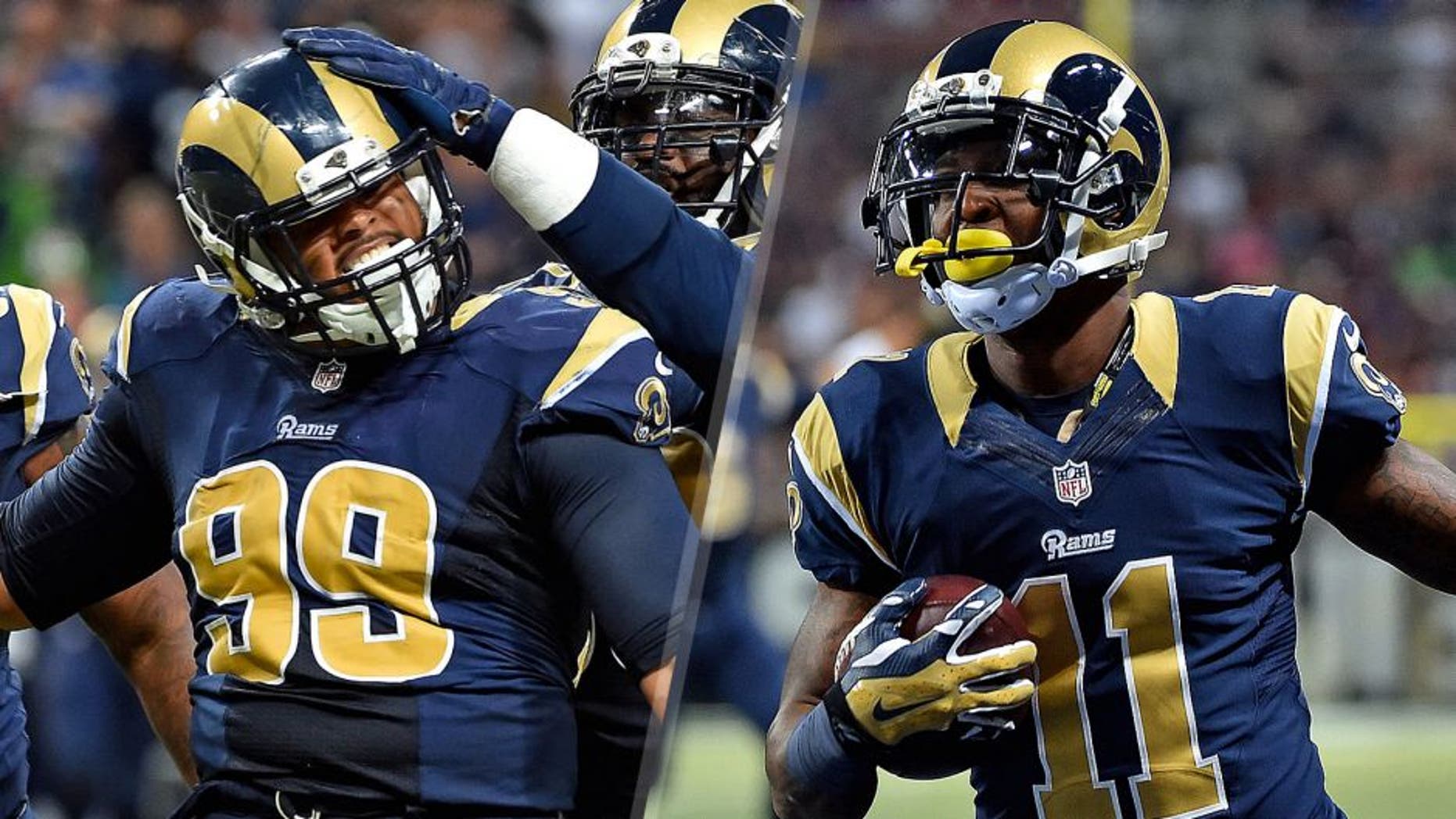 St. Louis Rams defensive tackle Aaron Donald (99) celebrates with teammates after sacking Seattle Seahawks quarterback Russell Wilson (not pictured) during the second half at the Edward Jones Dome. Mandatory Credit: Jasen Vinlove-USA TODAY Sports St. Louis Rams wide receiver Tavon Austin (11) scores a touch down against the Seattle Seahawks during the first half at the Edward Jones Dome. Mandatory Credit: Jasen Vinlove-USA TODAY Sports
