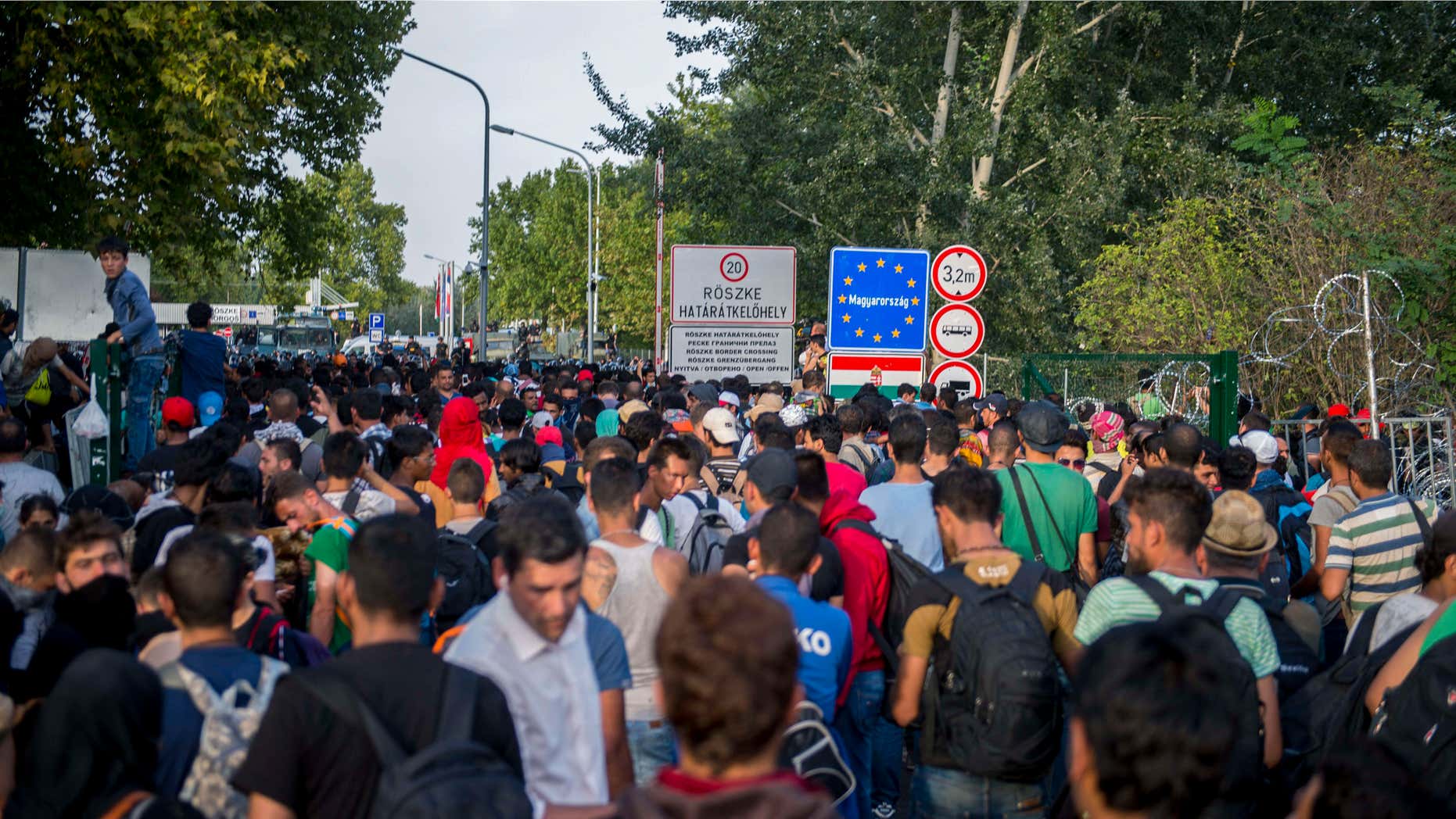 Sept. 16, 2015: Migrants demonstrate at the border crossing into Hungary, near Horgos, Serbia
