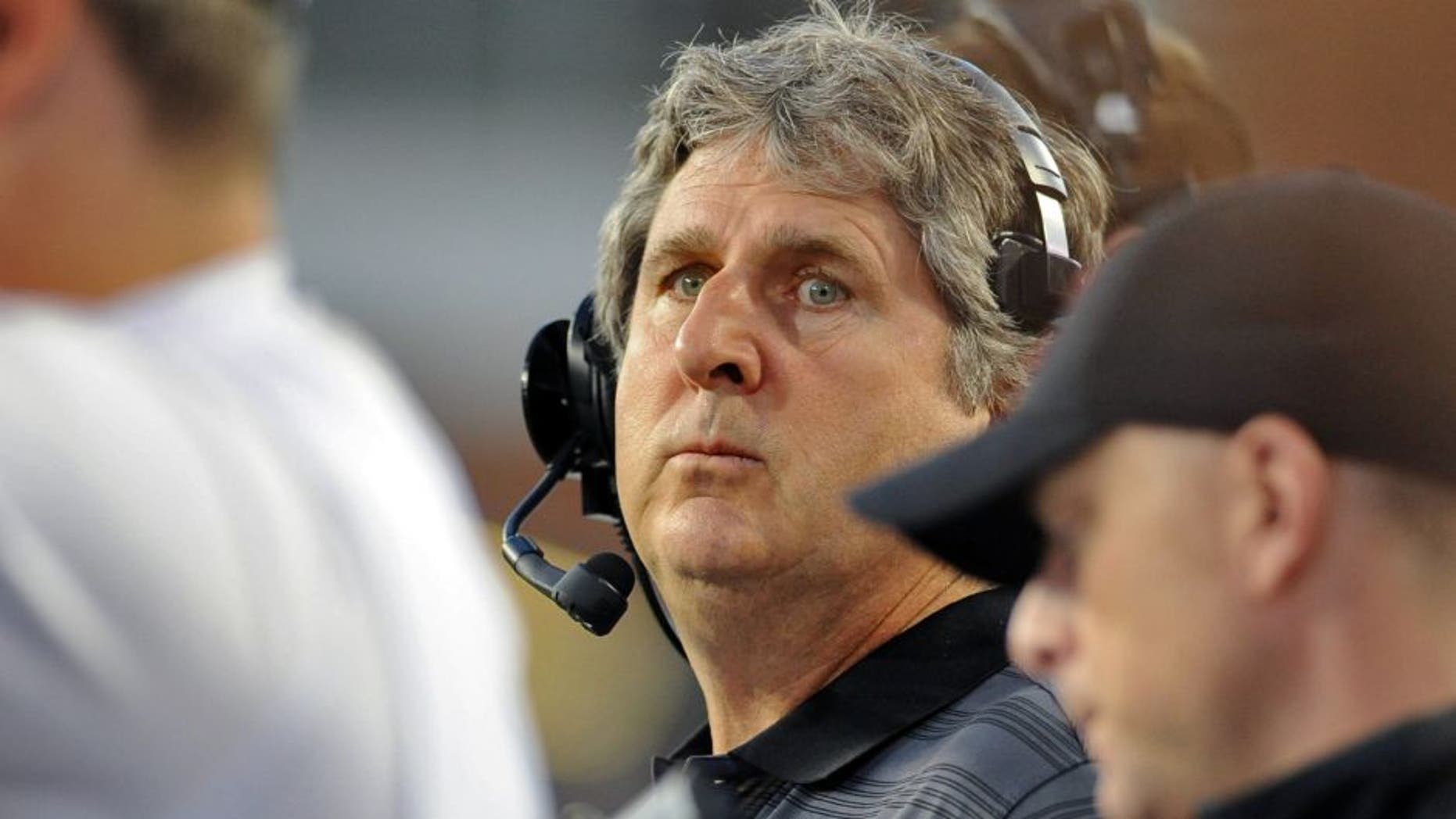 Sep 13, 2014; Pullman, WA, USA; Washington State Cougars head coach Mike Leach looks on against thePortland State Vikings during the second half at Martin Stadium. The Cougar beat Vikings 59-21. Mandatory Credit: James Snook-USA TODAY Sports