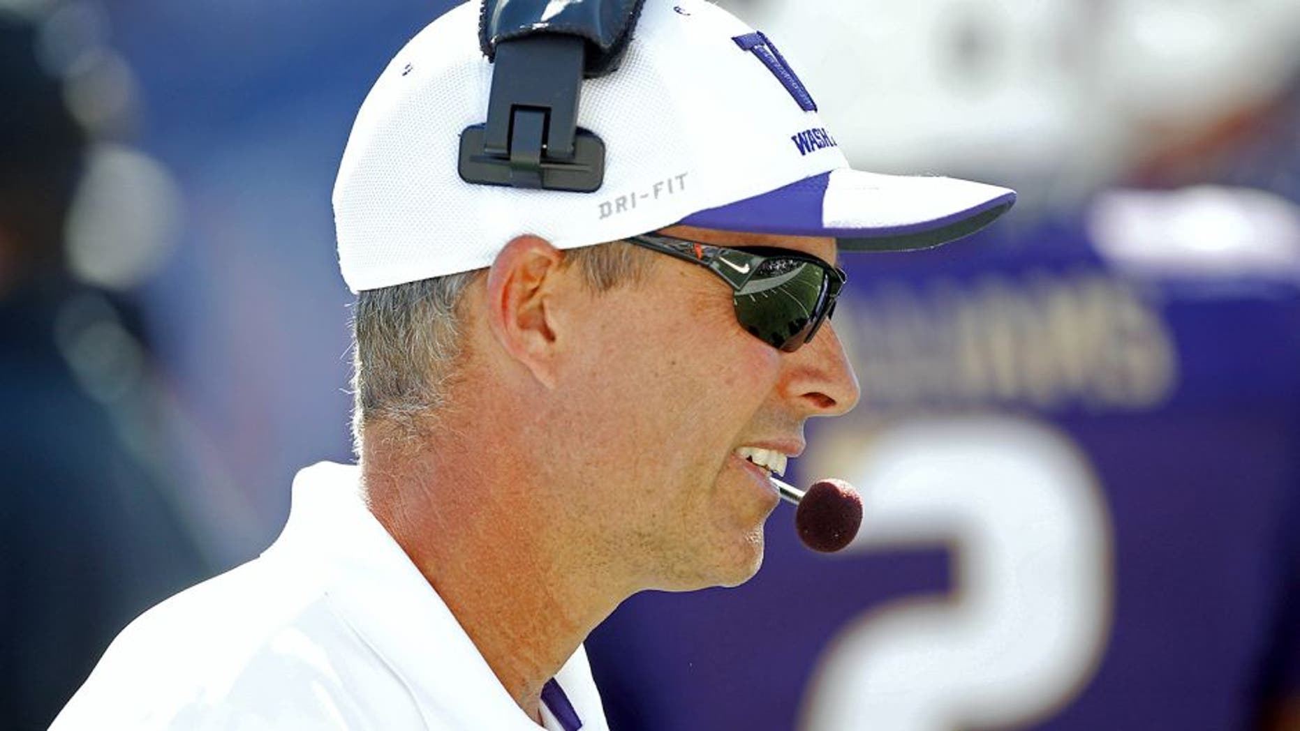 Sep 13, 2014; Seattle, WA, USA; Washington Huskies head coach Chris Petersen stands on the sideline during the second half against the Illinois Fighting Illini at Husky Stadium. Mandatory Credit: Joe Nicholson-USA TODAY Sports
