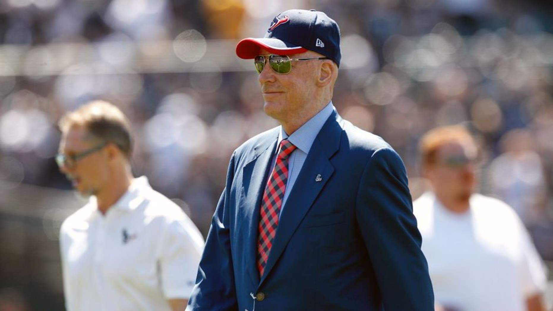 Sep 14, 2014; Oakland, CA, USA; Houston Texans owner Bob McNair walks on the field before the start of the game against the Oakland Raiders at O.co Coliseum. The Texans defeated the Raiders 30-14. Mandatory Credit: Cary Edmondson-USA TODAY Sports