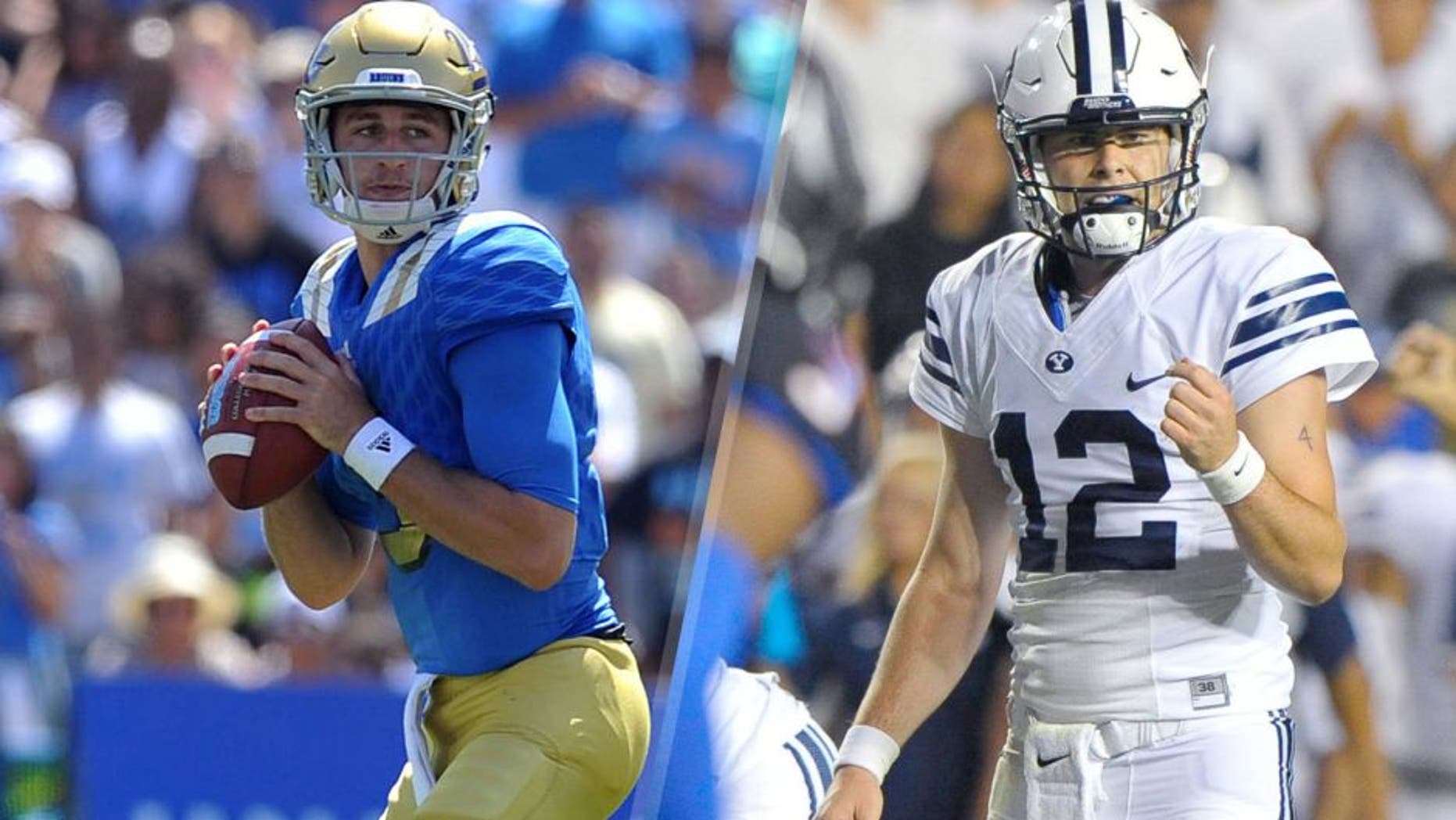 September 5, 2015; Pasadena, CA, USA; UCLA Bruins quarterback Josh Rosen (3) looks to pass against the Virginia Cavaliers during the first half at the Rose Bowl. Mandatory Credit: Gary A. Vasquez-USA TODAY Sports PROVO, UT - SEPTEMBER 12: Quarterback Tanner Mangum #12 of the Brigham Young Cougars signals before the snap during their game against the Boise State Broncos at LaVell Edwards Stadium on September 12, 2015 in Provo, Utah. (Photo by Gene Sweeney Jr/Getty Images)