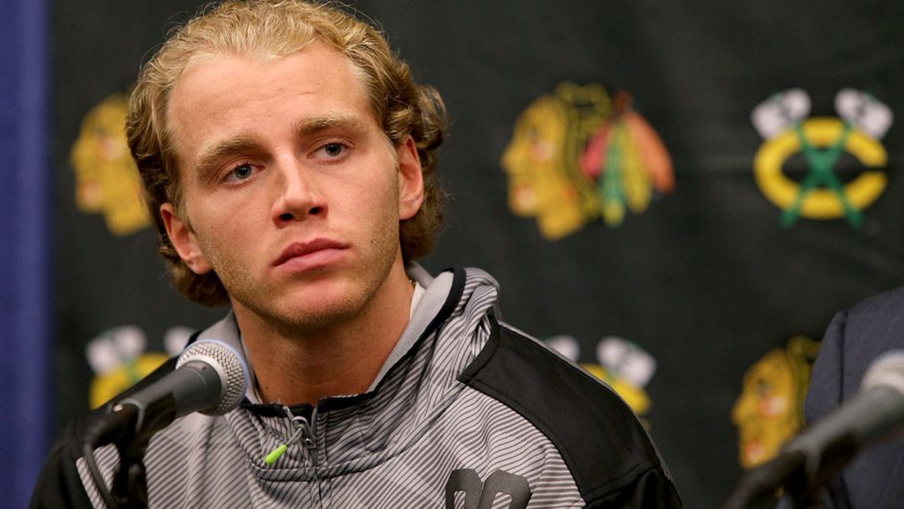 Patrick Kane is seen at a press conference before the start of the Chicago Blackhawks training camp on Thursday, Sept. 17, 2015, at the University of Notre Dame's Compton Family Ice Center in South Bend, Ind. (Antonio Perez/Chicago Tribune/TNS via Getty Images)