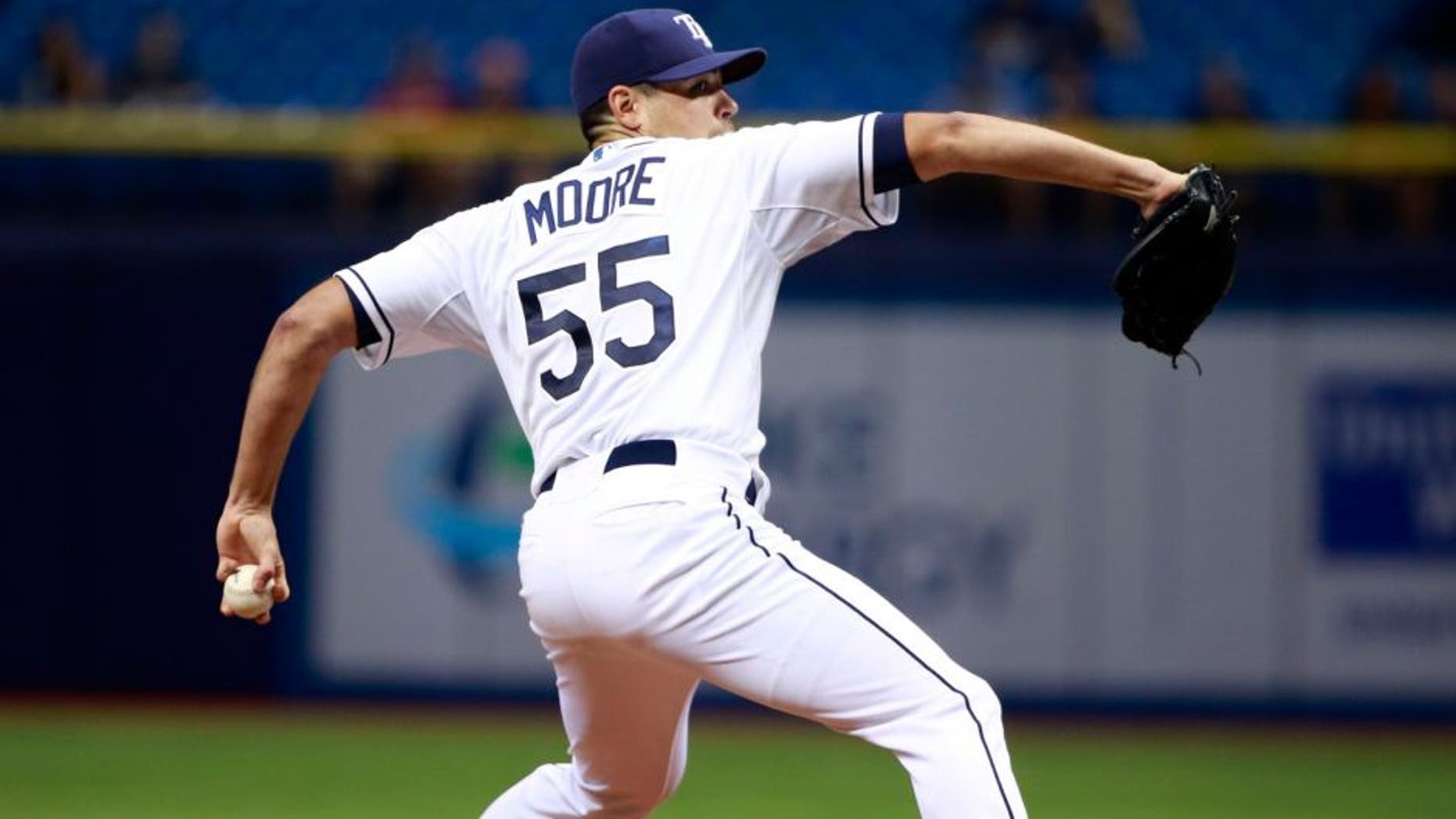 Sep 17, 2015; St. Petersburg, FL, USA; Tampa Bay Rays starting pitcher Matt Moore (55) throws a pitch against the Baltimore Orioles during the second inning at Tropicana Field. Mandatory Credit: Kim Klement-USA TODAY Sports