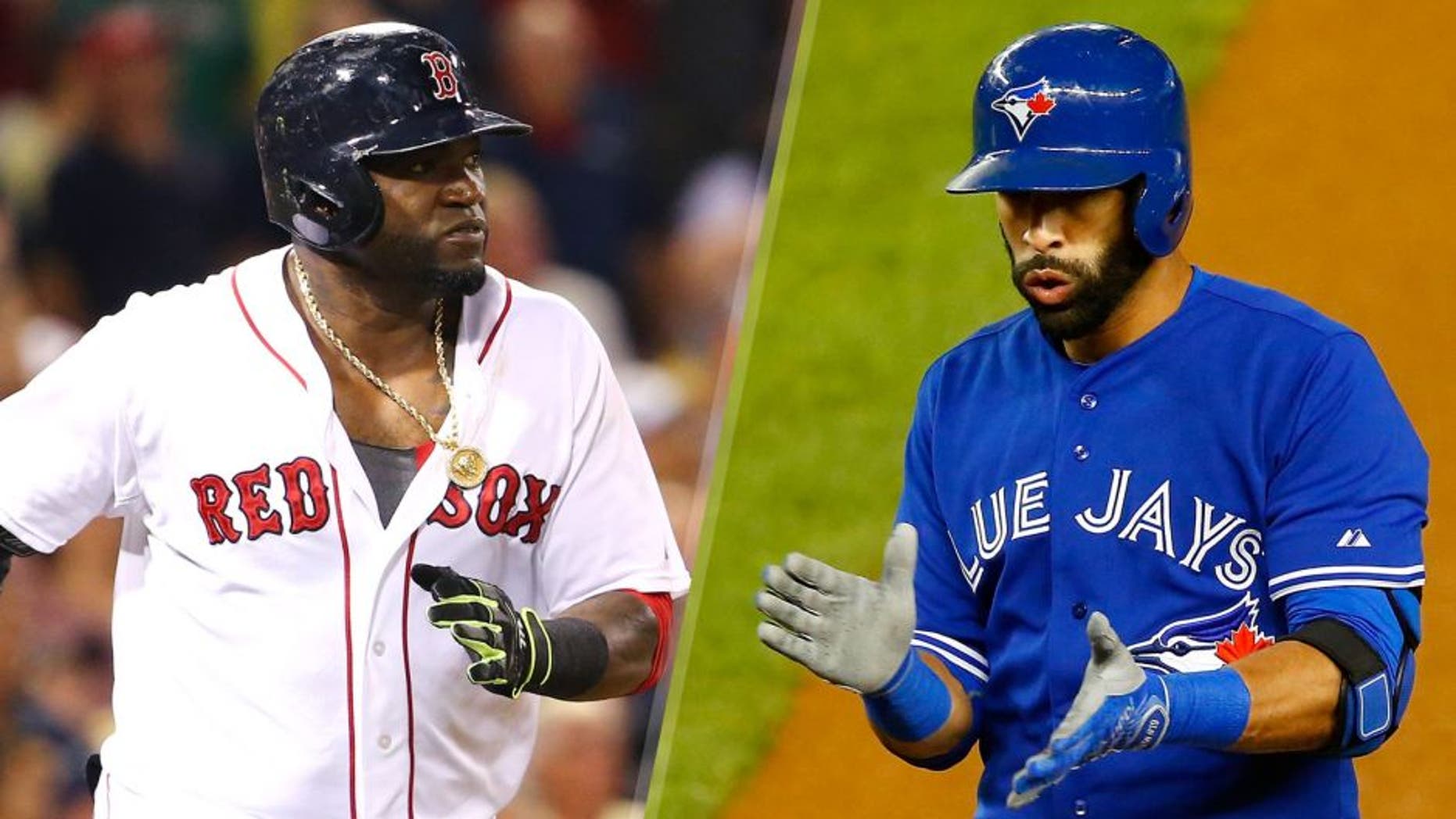BOSTON, MA - SEPTEMBER 09: David Ortiz #34 of the Boston Red Sox runs to first after hitting his 498th career home run during the third inning against the Toronto Blue Jays at Fenway Park on September 9, 2015 in Boston, Massachusetts. (Photo by Maddie Meyer/Getty Images) NEW YORK, NY - SEPTEMBER 12: Jose Bautista #19 of the Toronto Blue Jays reacts after his seventh-inning RBI base hit against the New York Yankees at Yankee Stadium on September 12, 2015 in the Bronx borough of New York City. (Photo by Jim McIsaac/Getty Images)