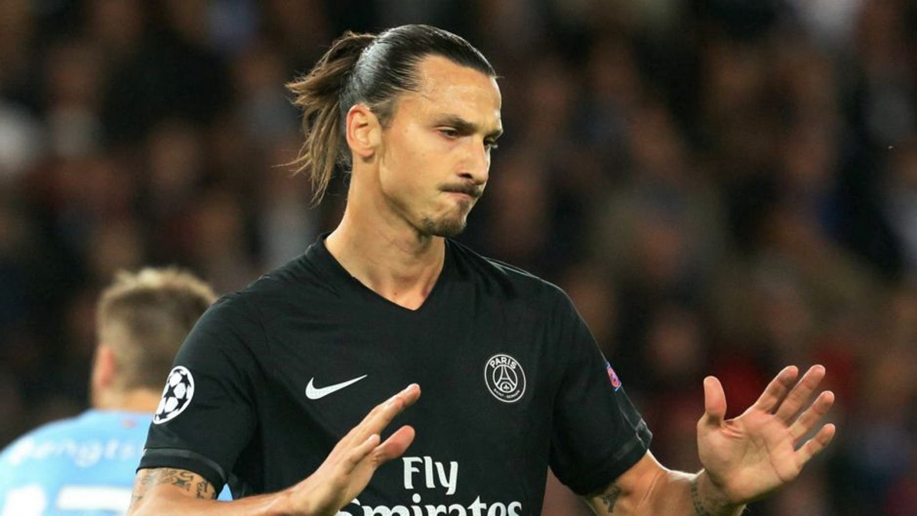 PARIS, FRANCE - SEPTEMBER 15: Zlatan Ibrahimovic of Paris Saint-Germain reacts during the UEFA Champions League between Paris Saint-Germain and Malmo FF at Parc Des Princes on September 15, 2015 in Paris, France. (Photo by Xavier Laine/Getty Images)