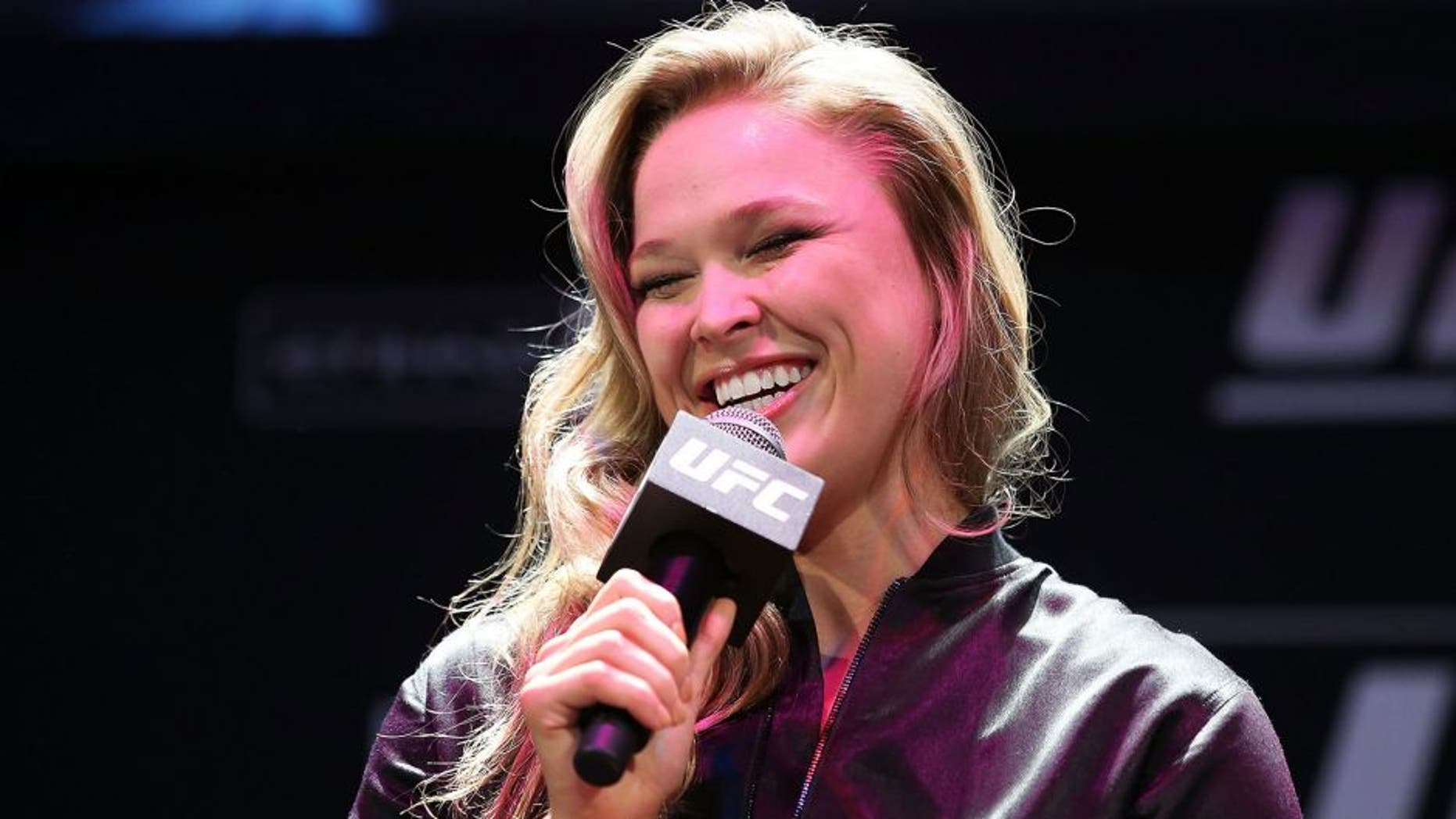 SYDNEY, AUSTRALIA - SEPTEMBER 17: Ronda Rousey speaks during a UFC 193 Sydney Fan Event on September 17, 2015 in Sydney, Australia. (Photo by Brendon Thorne/Zuffa LLC/Zuffa LLC via Getty Images)